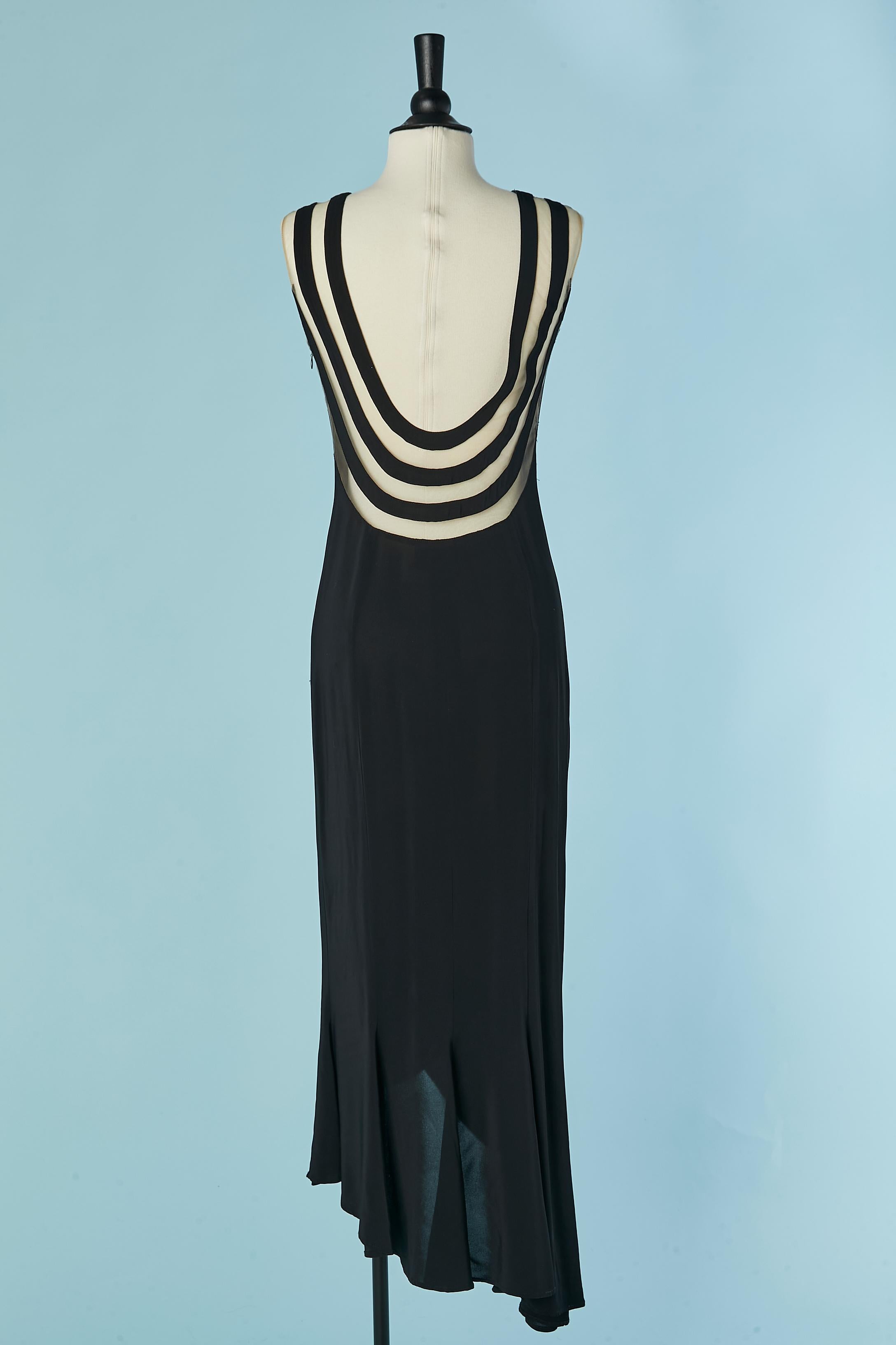 Women's Asymmetrical black evening dress with cut work and tulle inset Gai Mattiolo For Sale