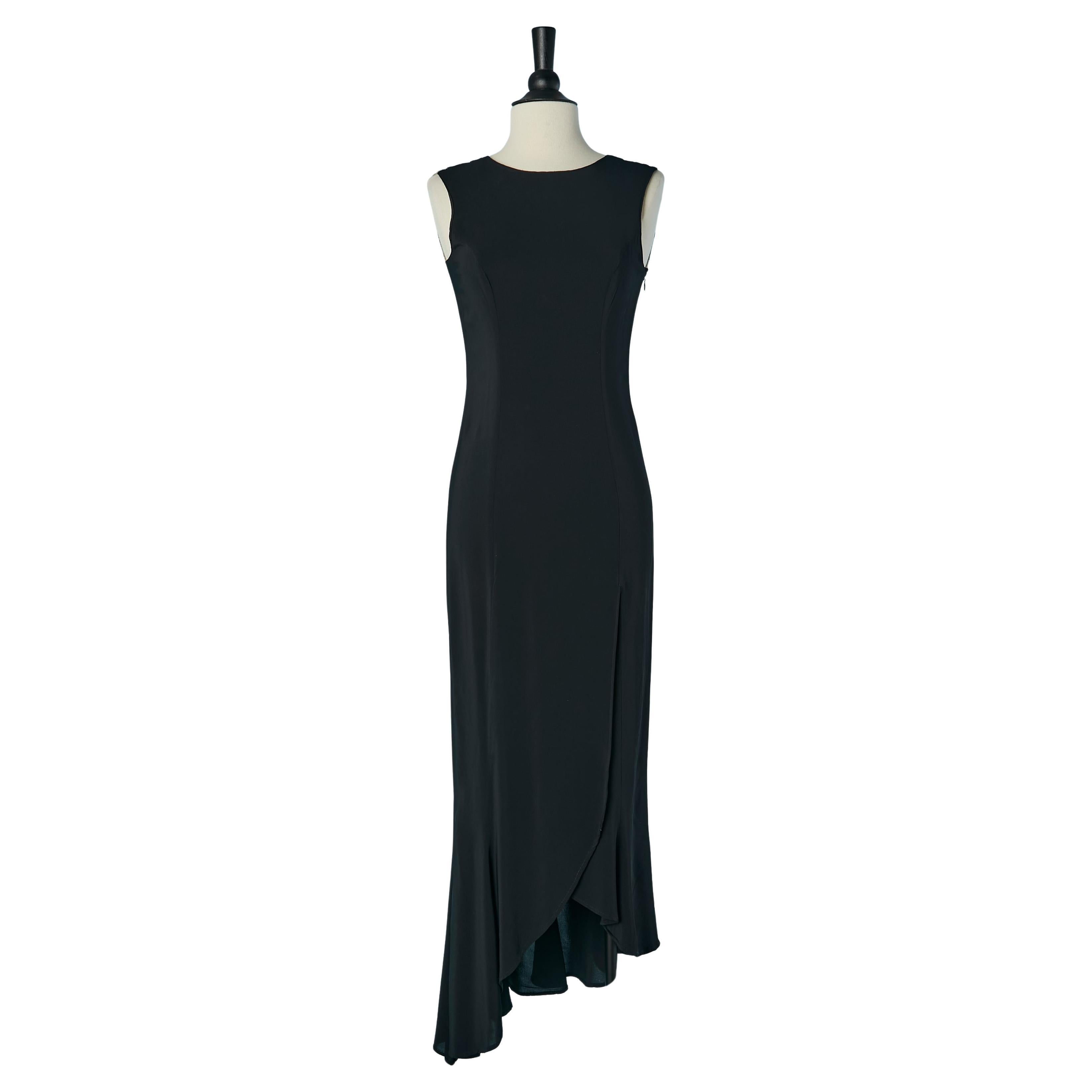 Asymmetrical black evening dress with cut work and tulle inset Gai Mattiolo For Sale