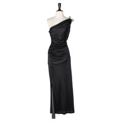 Asymmetrisches Schwarz  Jersey-Jersey-Kleid mit Strass-Schulterverzierungsclips