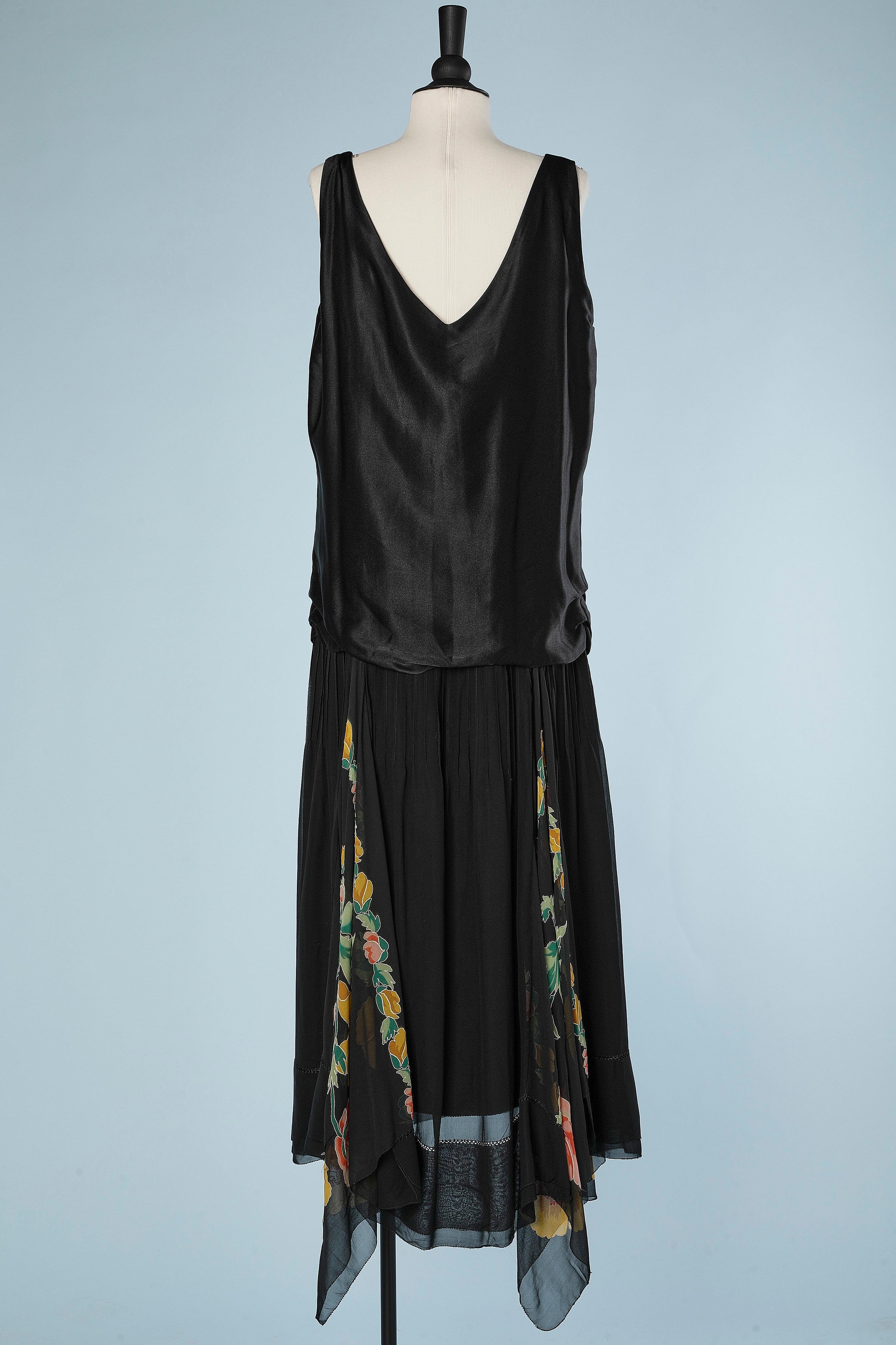 Asymmetrical black satin and printed and flowers embroidered crêpe Circa 1920 1