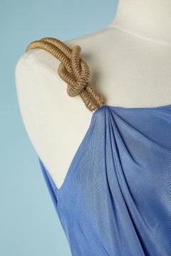 Asymmetrical blue rayon dress with gold shoulder strap passementerie Versace