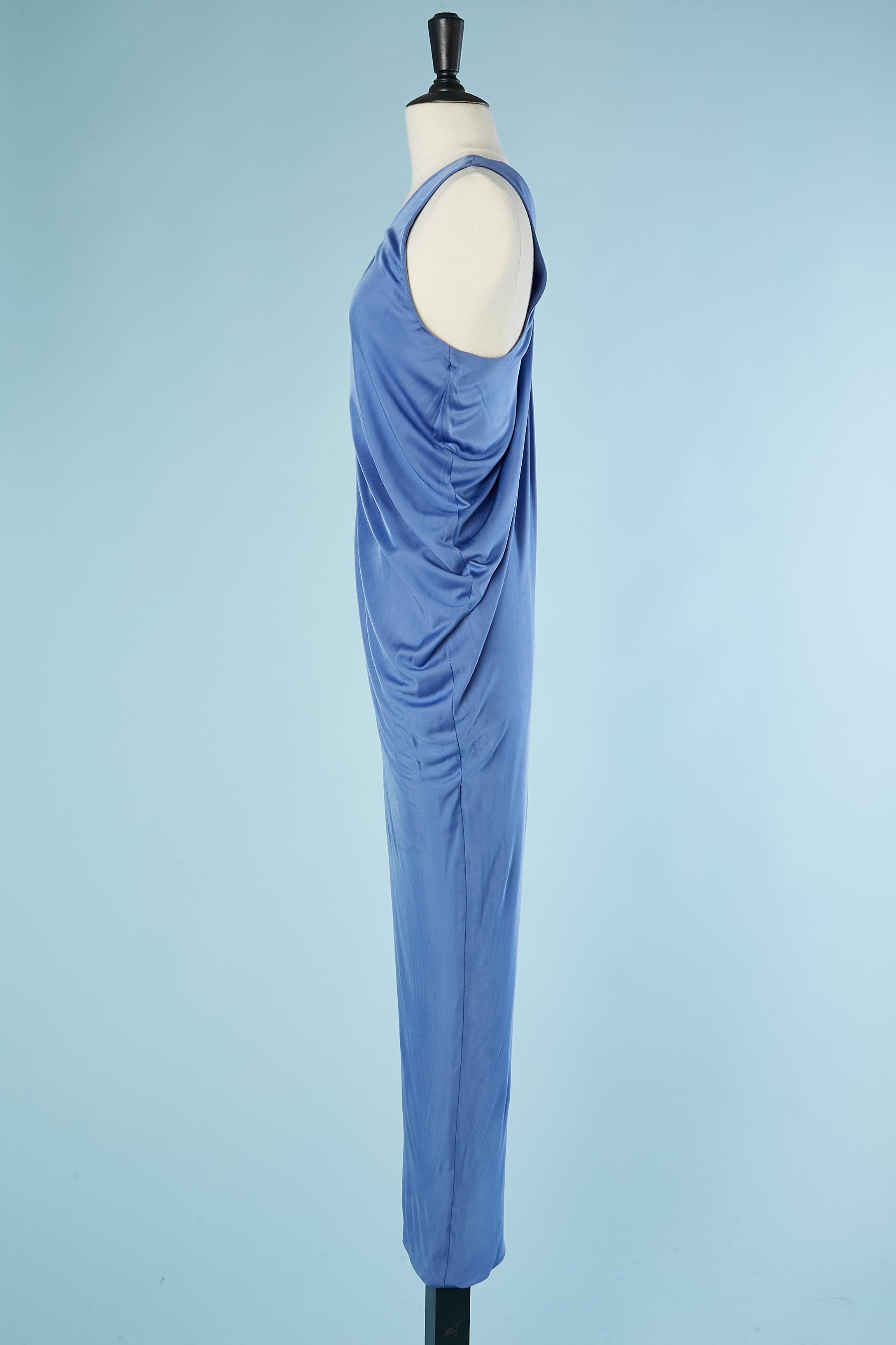 Blue Asymmetrical blue rayon dress with gold shoulder strap passementerie Versace  For Sale