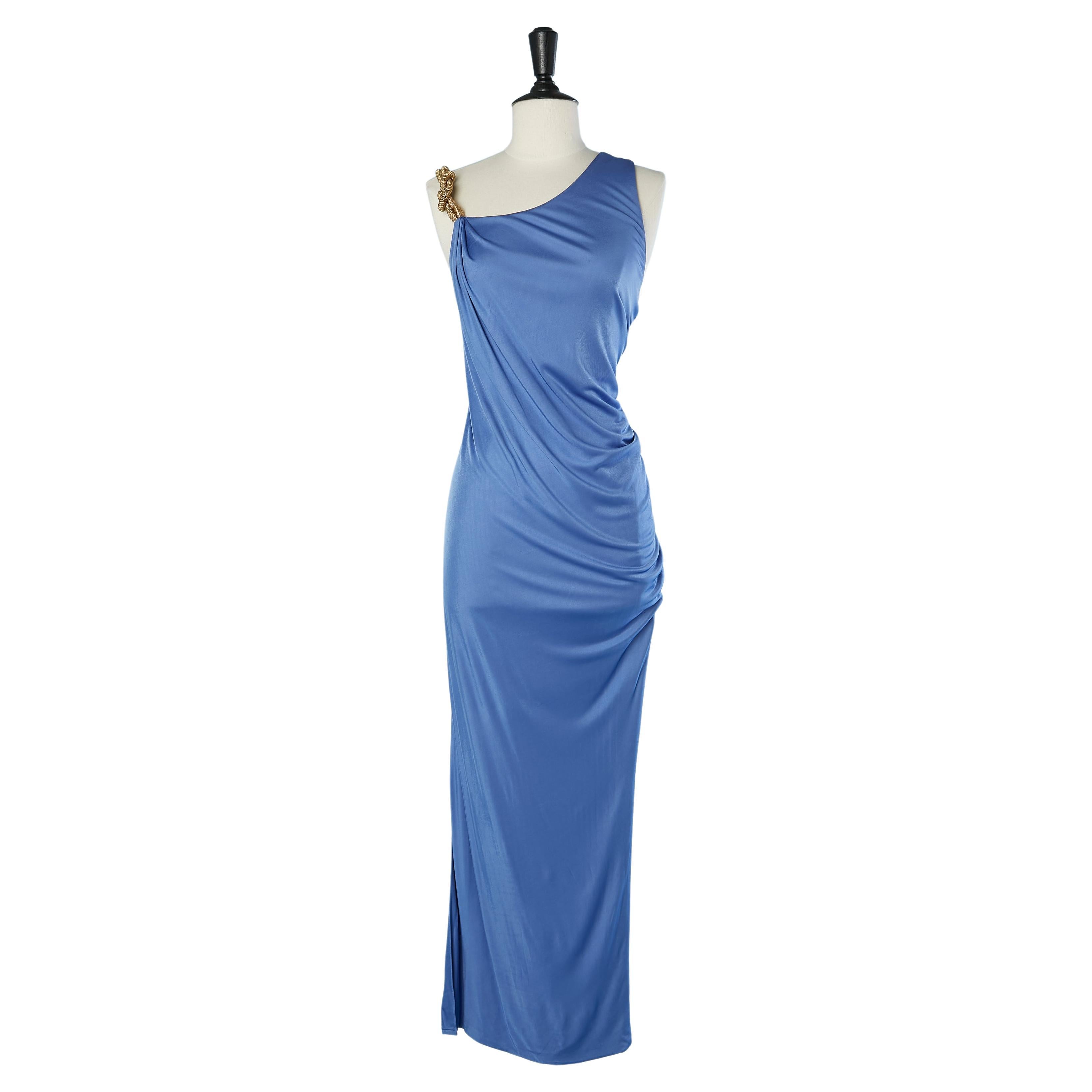 Asymmetrical blue rayon dress with gold shoulder strap passementerie Versace  For Sale