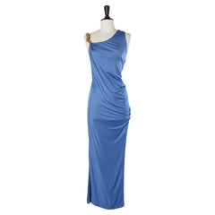 Asymmetrical blue rayon dress with gold shoulder strap passementerie Versace 