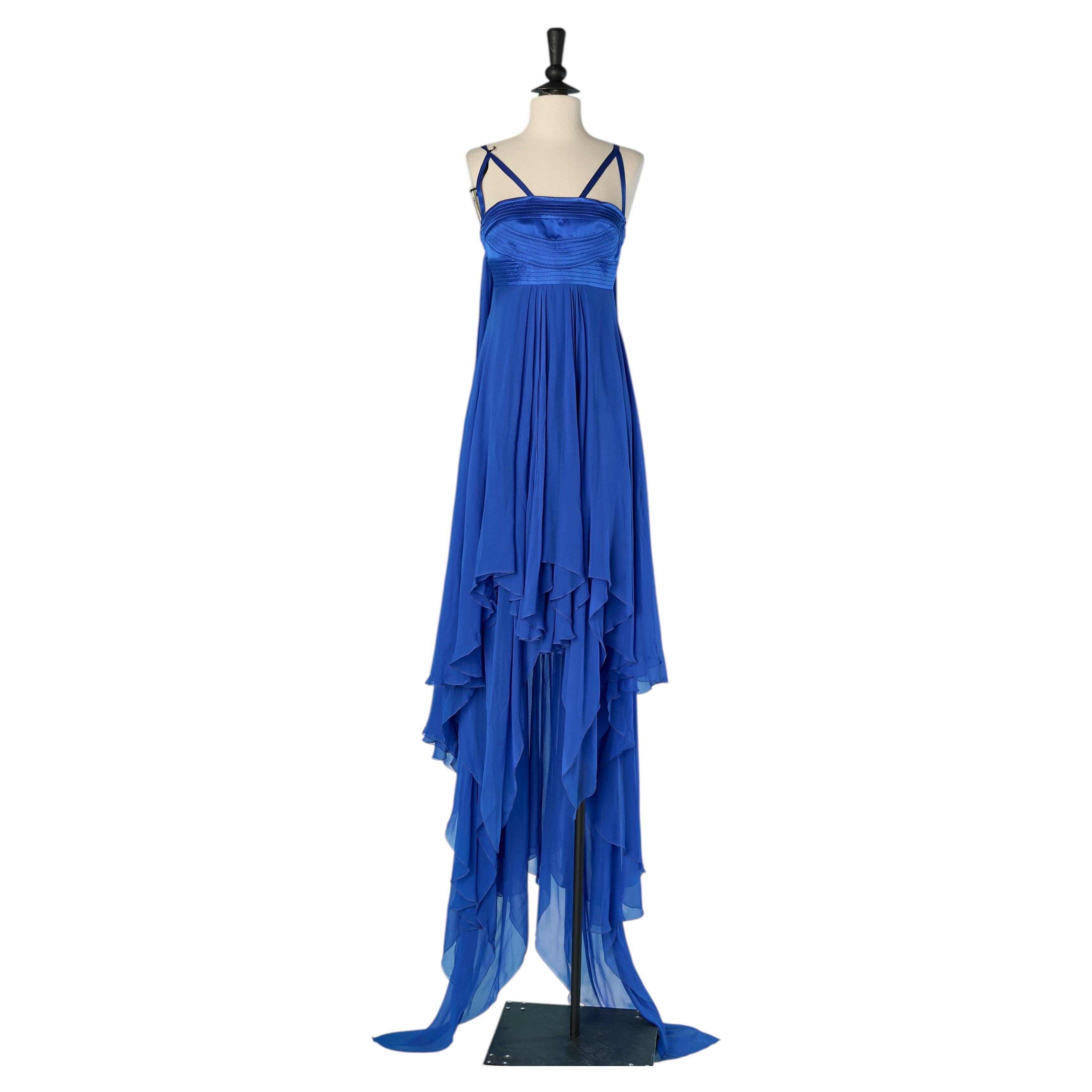 Asymmetrisches blaues Seidenchiffon-Bustier-Abendkleid VERSACE COLLECTION