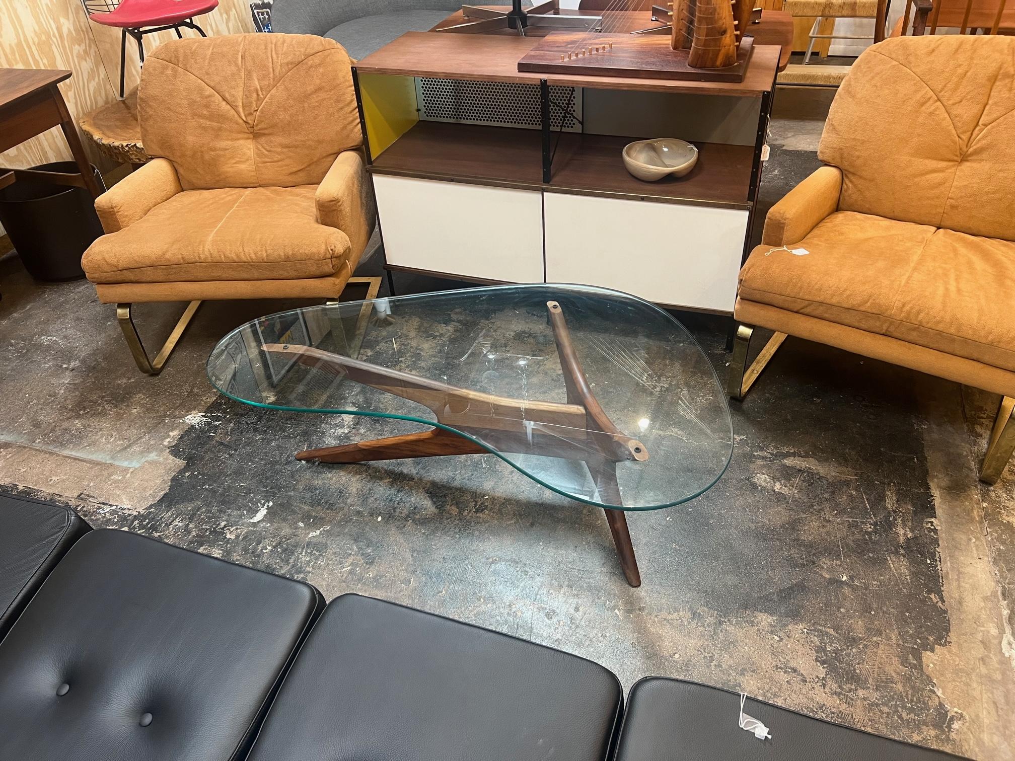 Glass Asymmetrical boomerang Walnut Coffee Table Adrian Pearsall Mid Century modern 