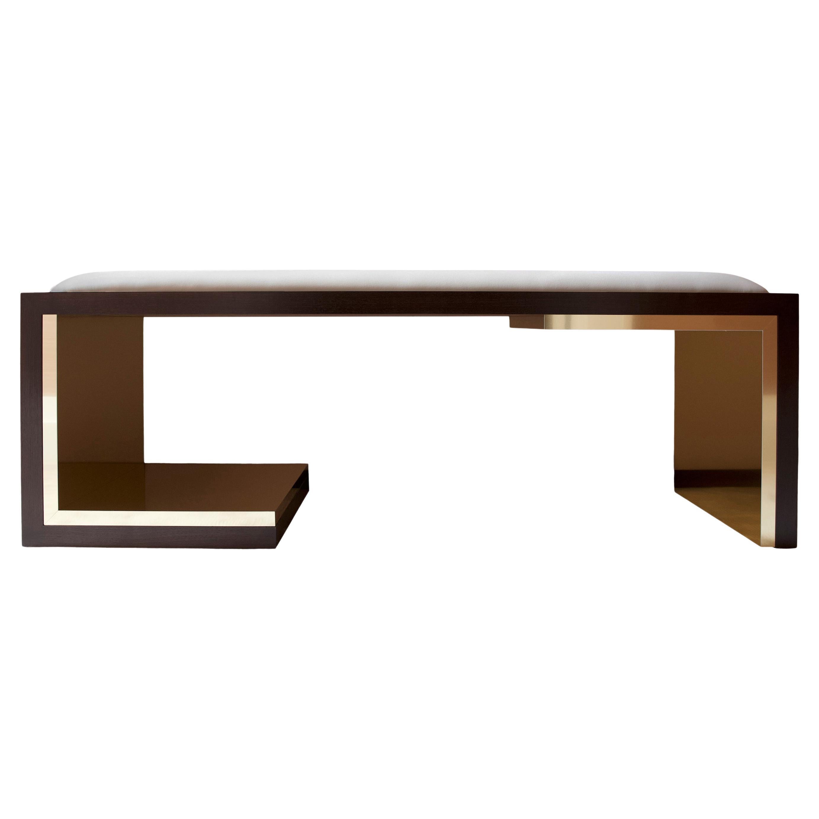 Asymmetrical Brass Inlay Vegan Leather Seat Cushion Bench For Sale
