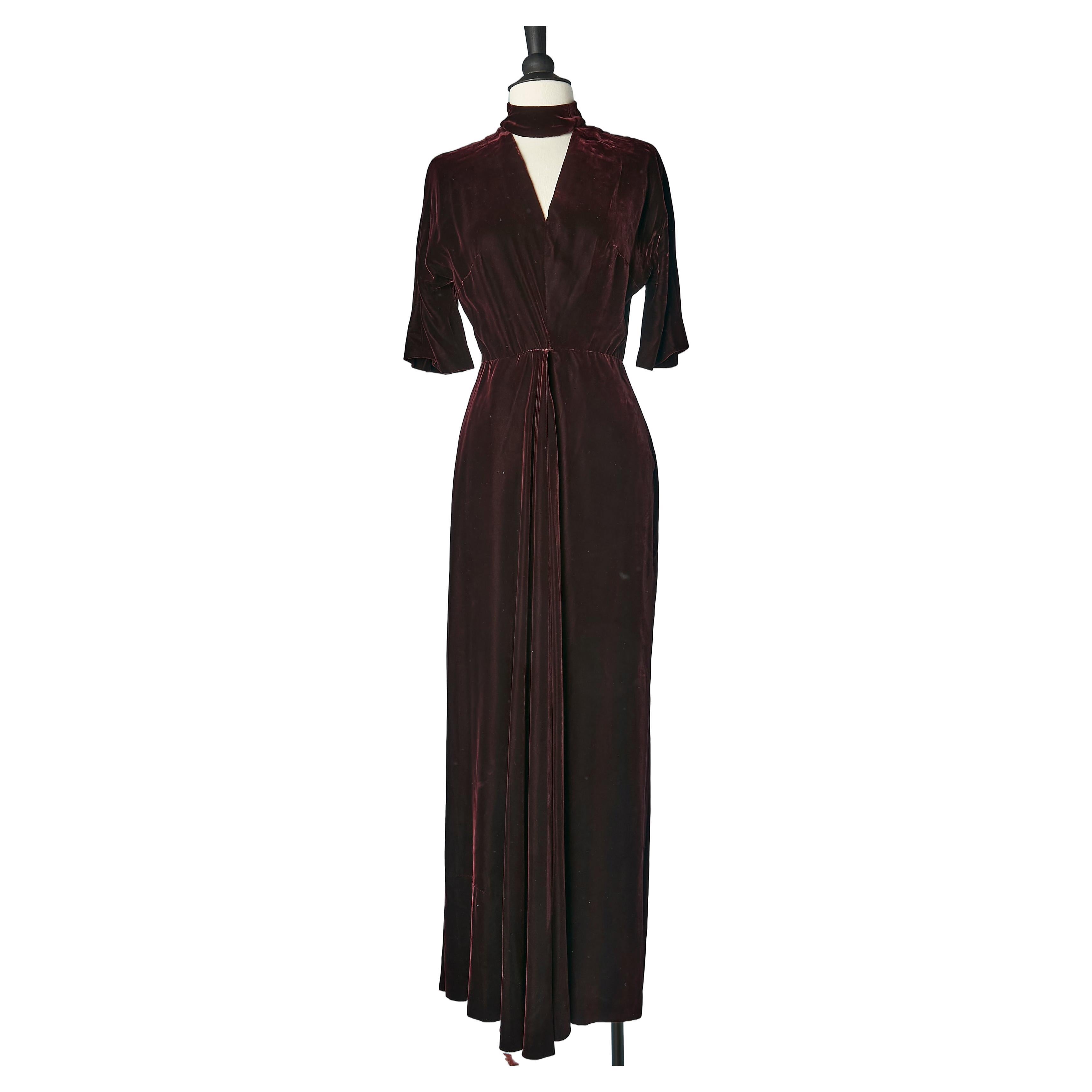 Asymmetrical burgundy velvet evening dress Attributed to Grès Winter 1974 For Sale