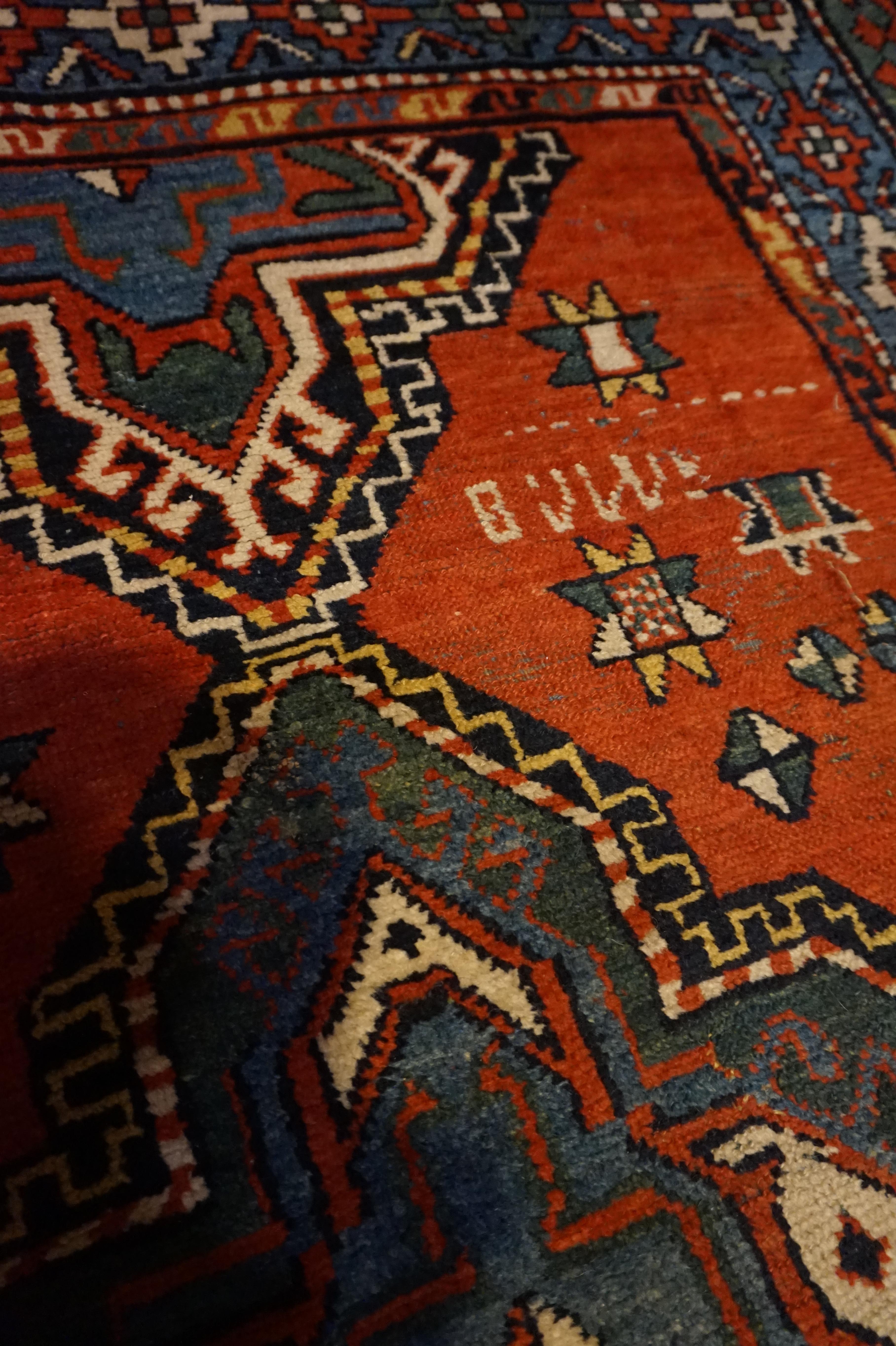 Asymmetrical Caucasus Tribal Village Rug with Kite Medallions & Star Motif For Sale 2
