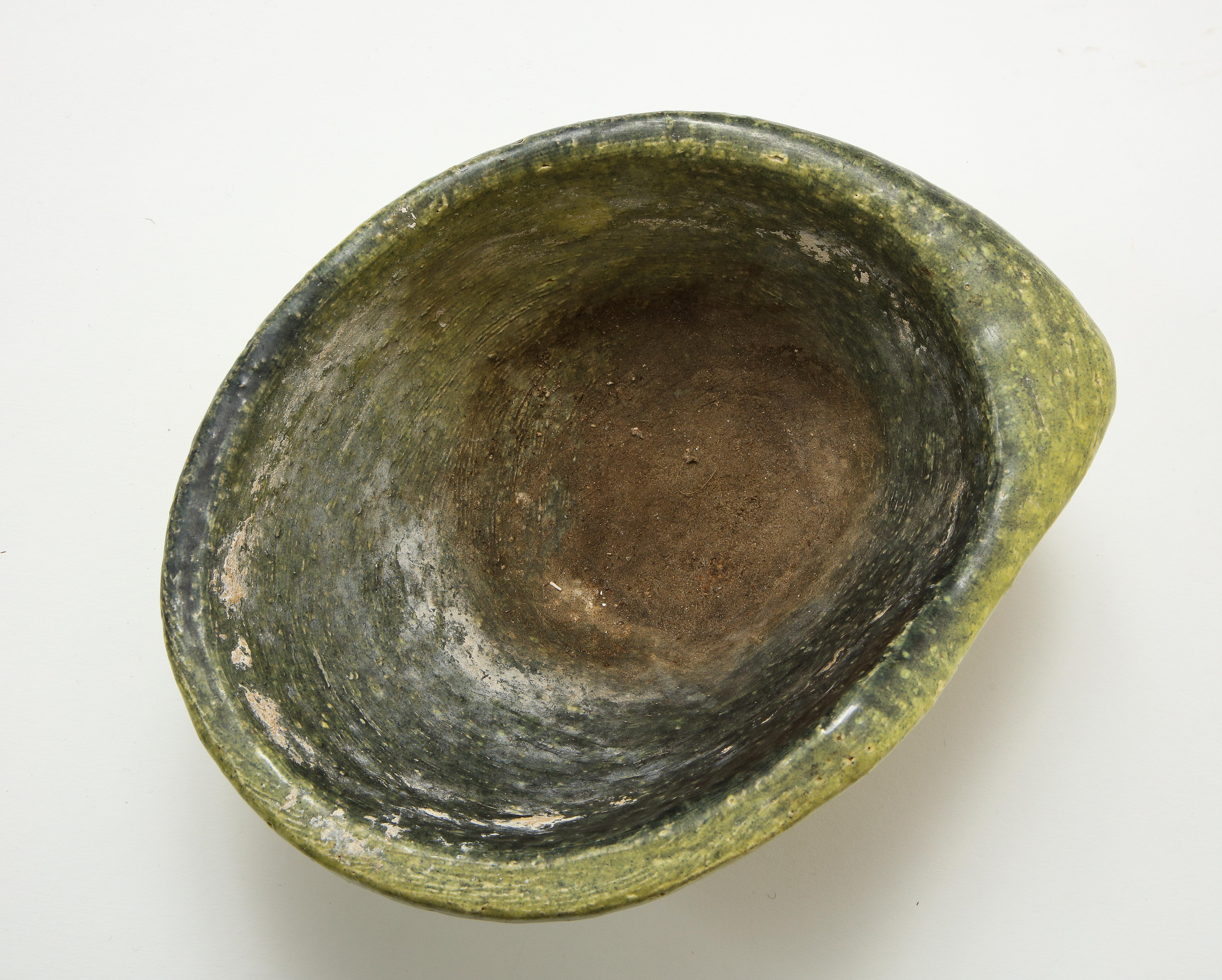 Asymmetrical Ceramic Bowl in Avocado Toned Speckled Glaze 2