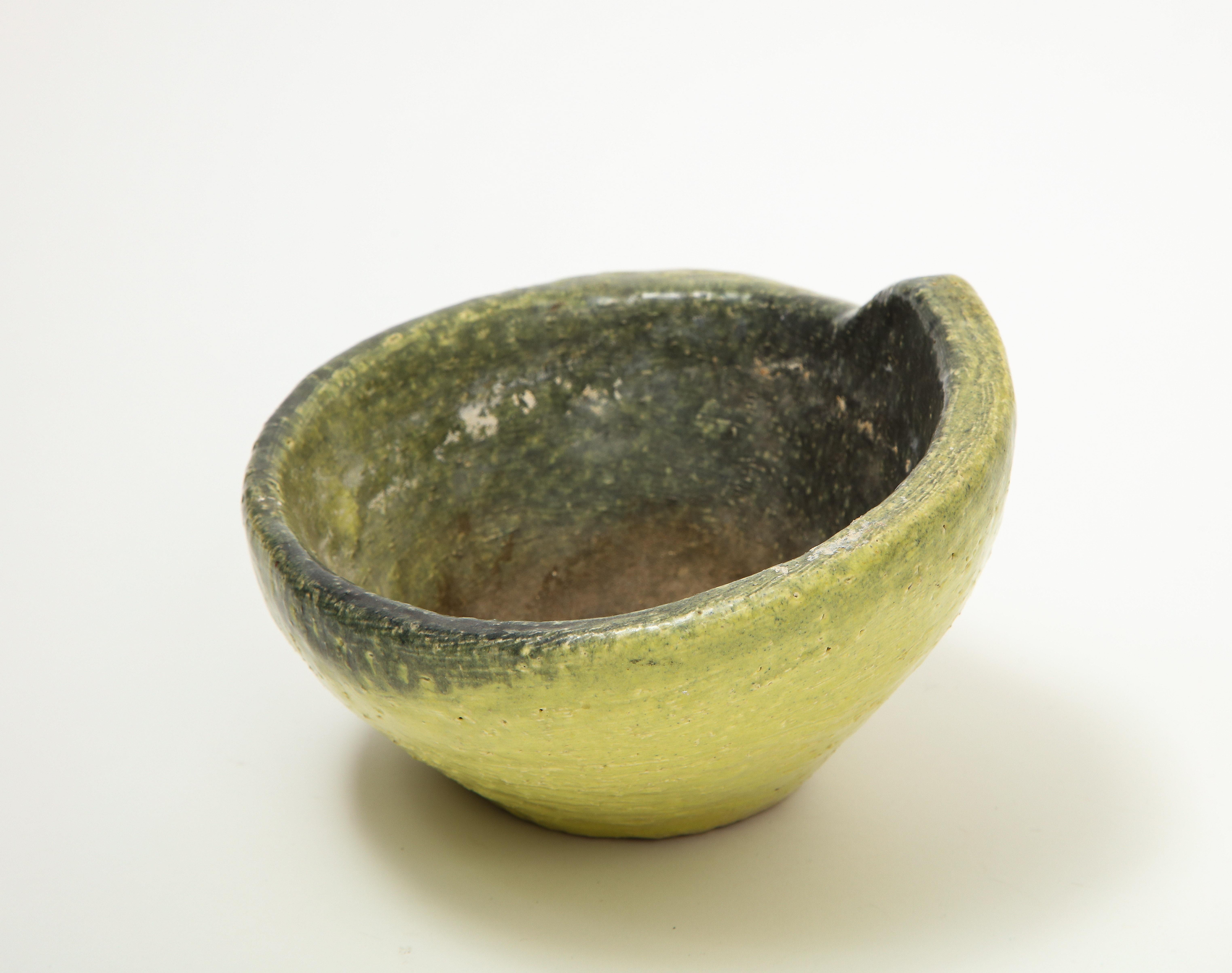 20th Century Asymmetrical Ceramic Bowl in Avocado Toned Speckled Glaze
