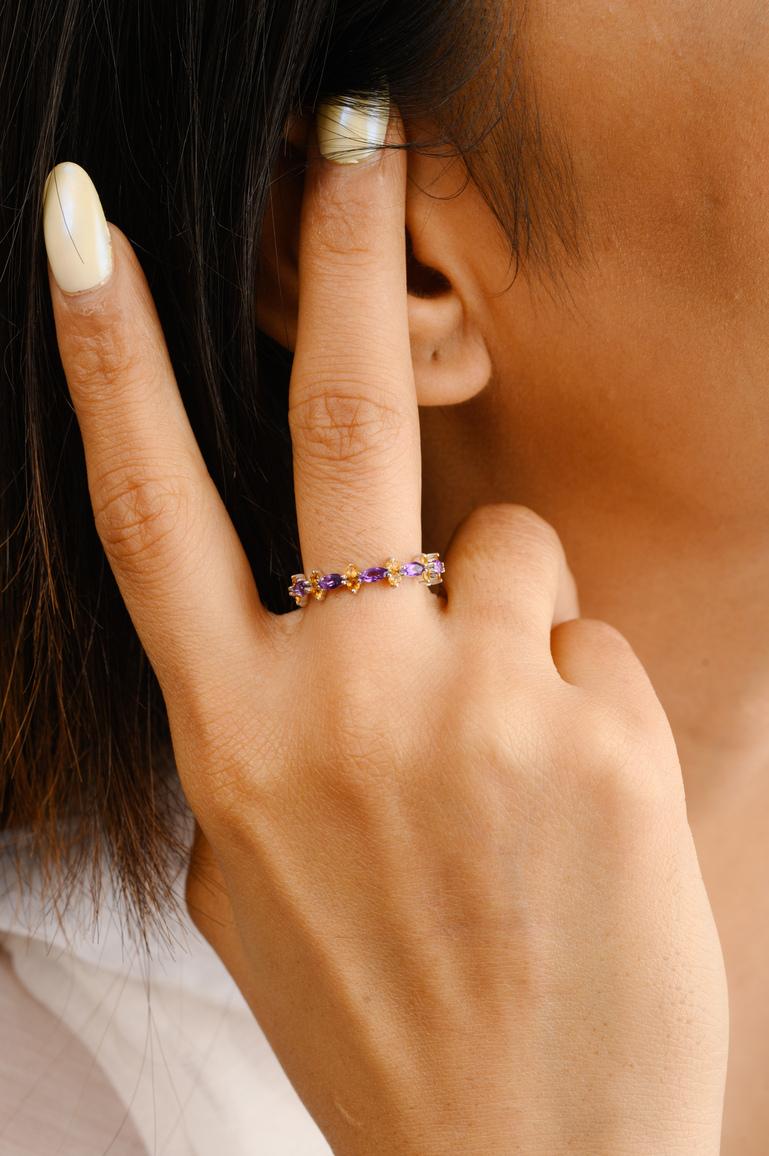 For Sale:  Asymmetrical Citrine and Amethyst Stacking Band Ring in 18k Solid White Gold 2