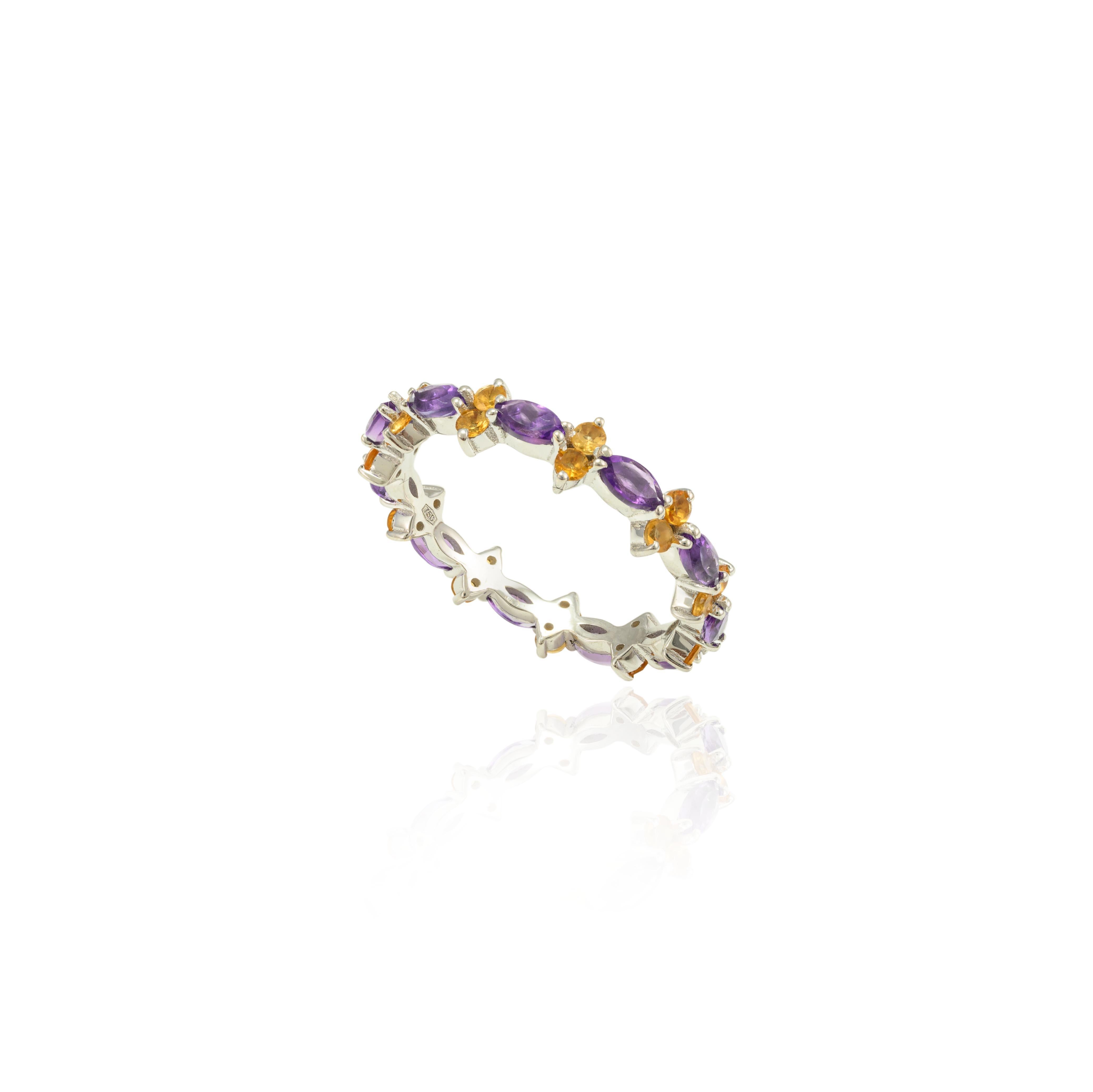 For Sale:  Asymmetrical Citrine and Amethyst Stacking Band Ring in 18k Solid White Gold 3