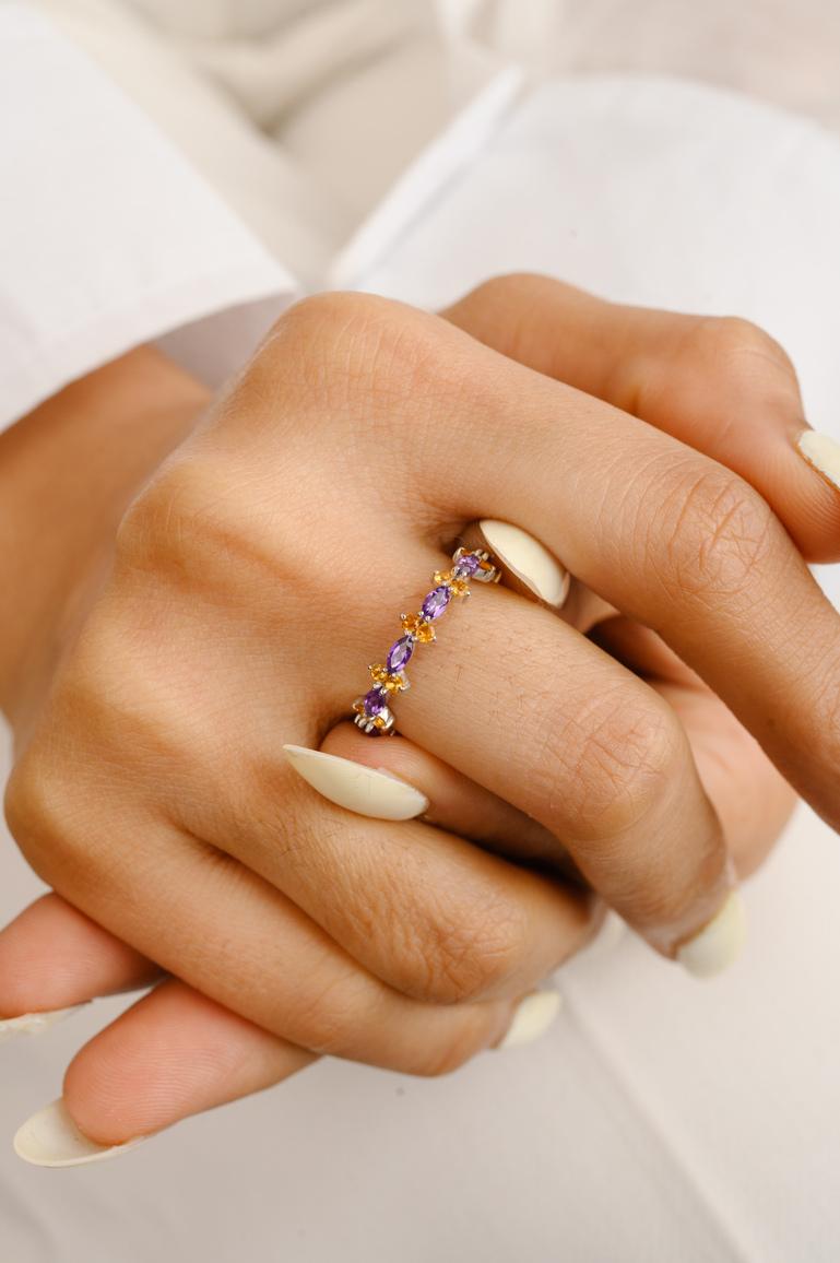 For Sale:  Asymmetrical Citrine and Amethyst Stacking Band Ring in 18k Solid White Gold 4