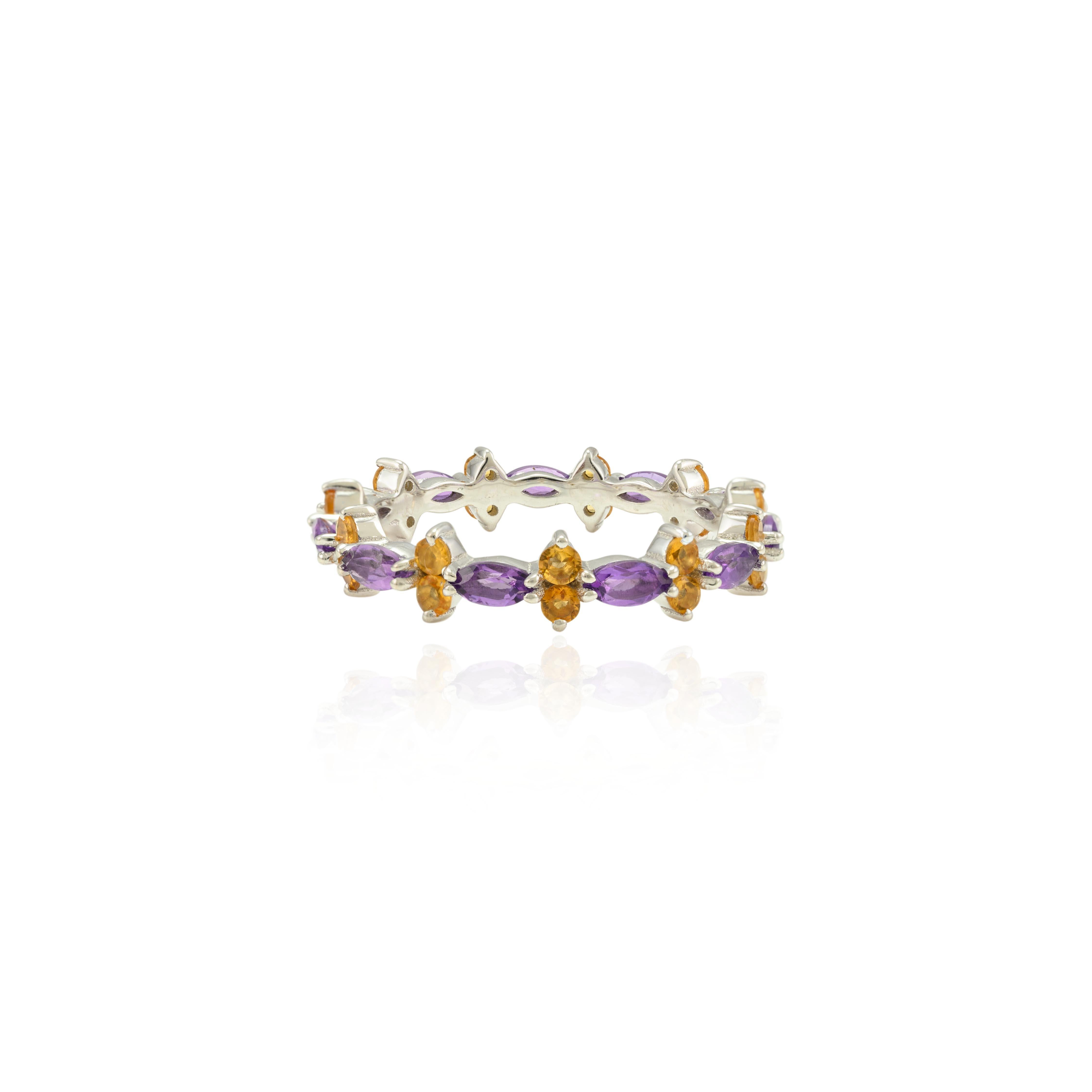 For Sale:  Asymmetrical Citrine and Amethyst Stacking Band Ring in 18k Solid White Gold 5