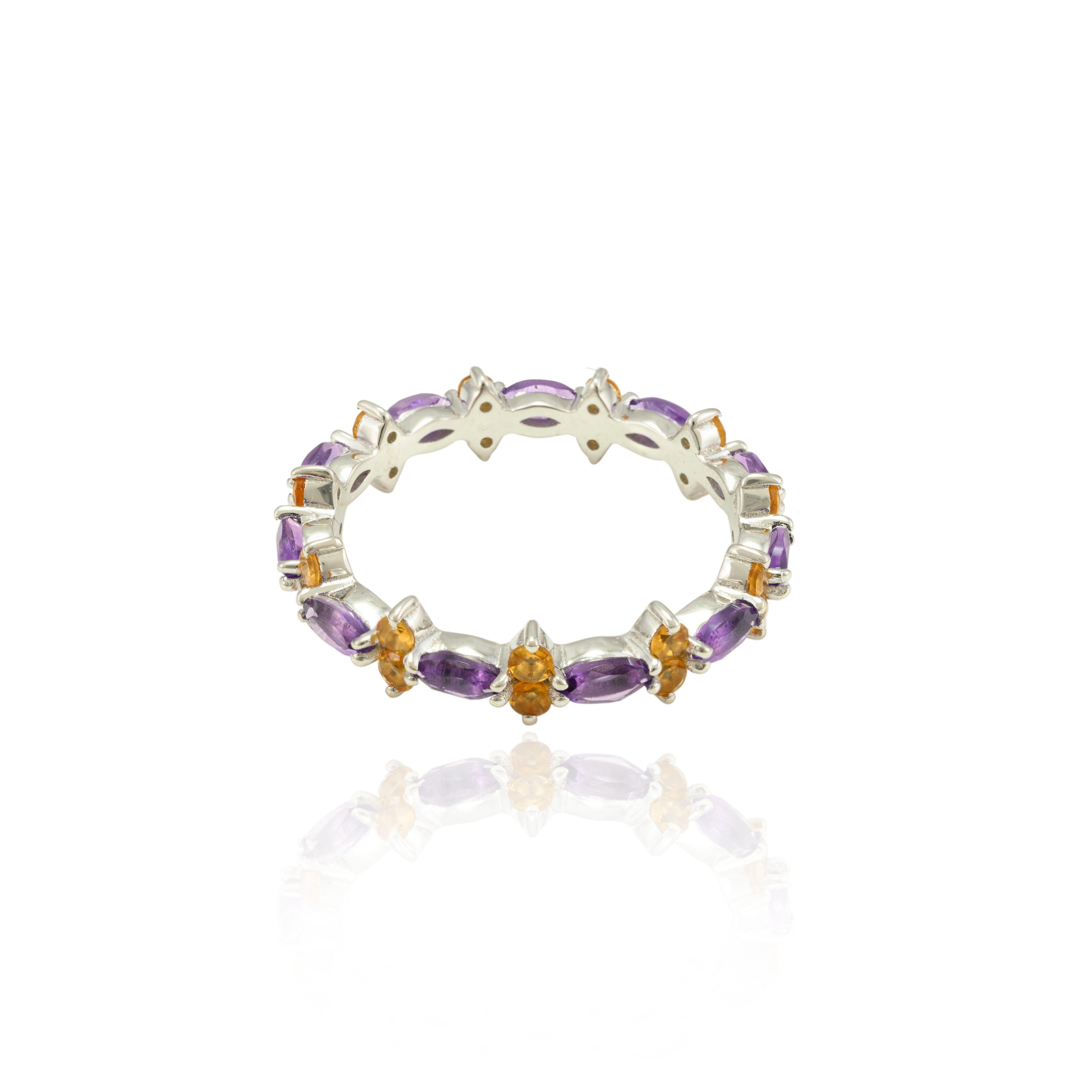 For Sale:  Asymmetrical Citrine and Amethyst Stacking Band Ring in 18k Solid White Gold 6