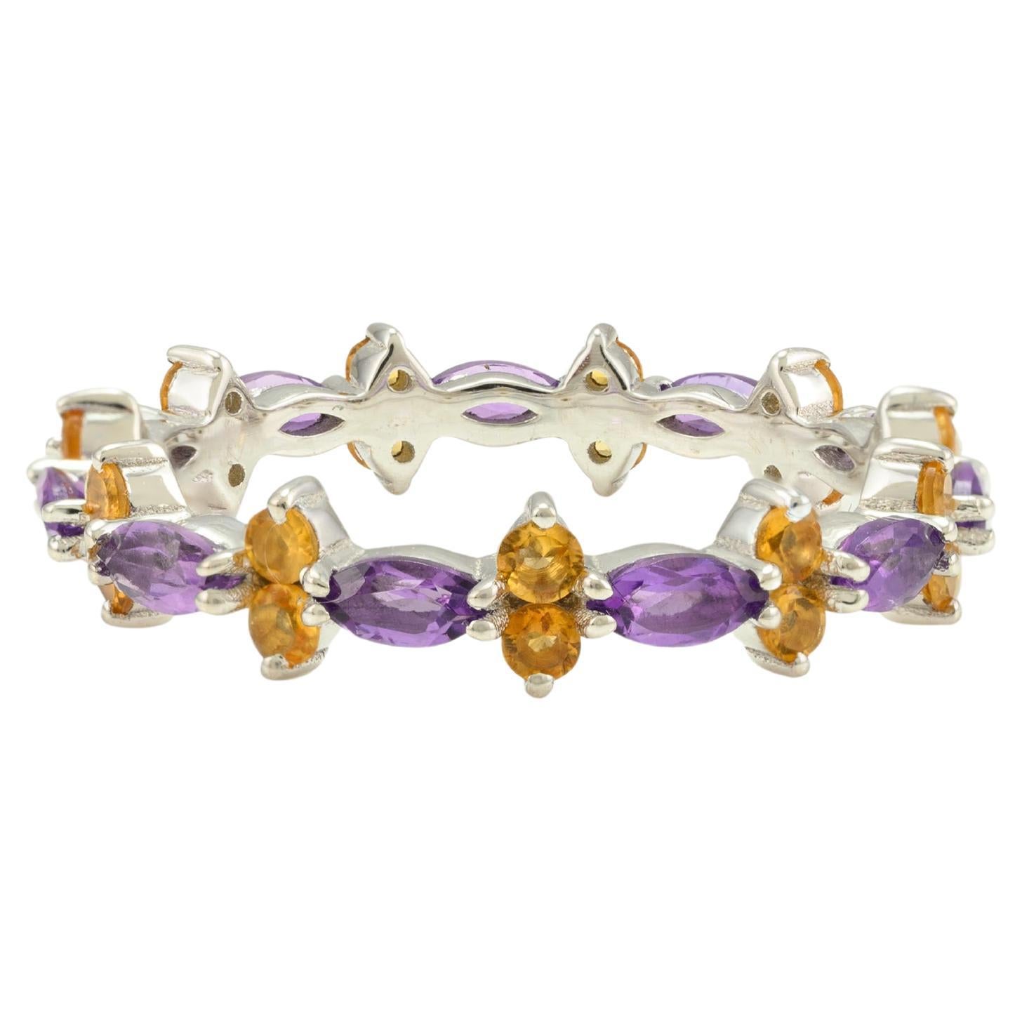 For Sale:  Asymmetrical Citrine and Amethyst Stacking Band Ring in 18k Solid White Gold