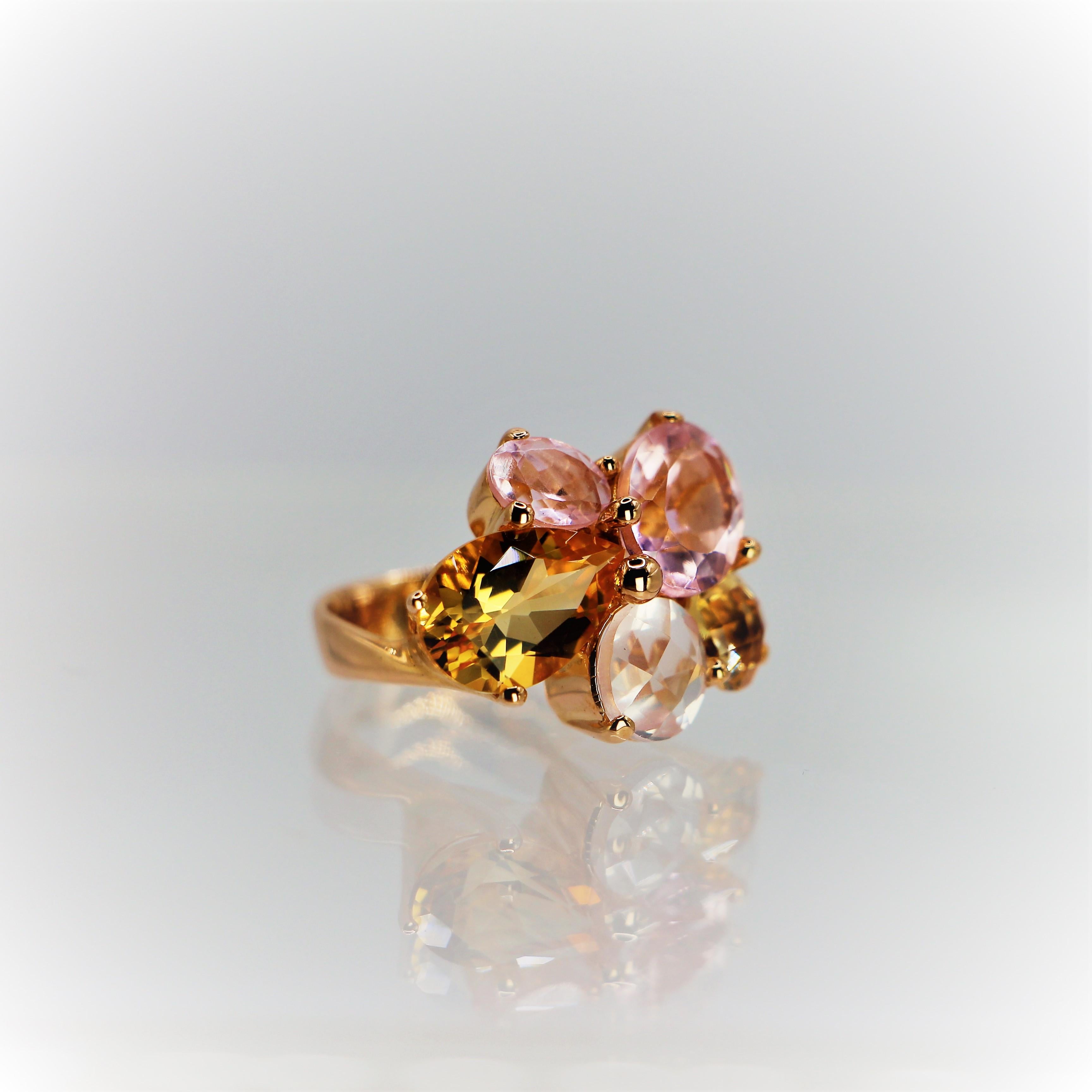 Romantic Asymmetrical Cluster Floral Ring Yellow Citrine and Rose Quartz 18 Kt Rose Gold For Sale