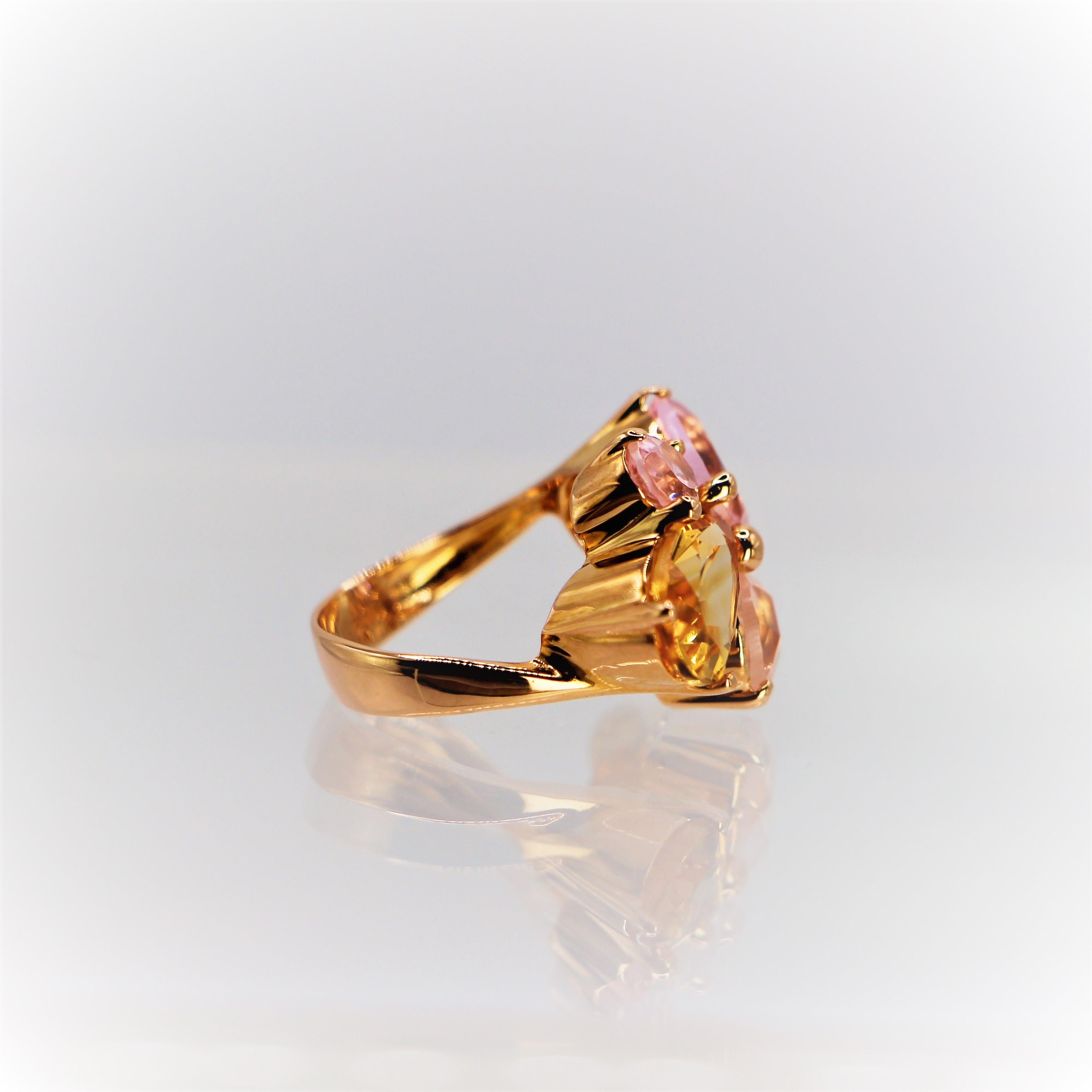 Brilliant Cut Asymmetrical Cluster Floral Ring Yellow Citrine and Rose Quartz 18 Kt Rose Gold For Sale
