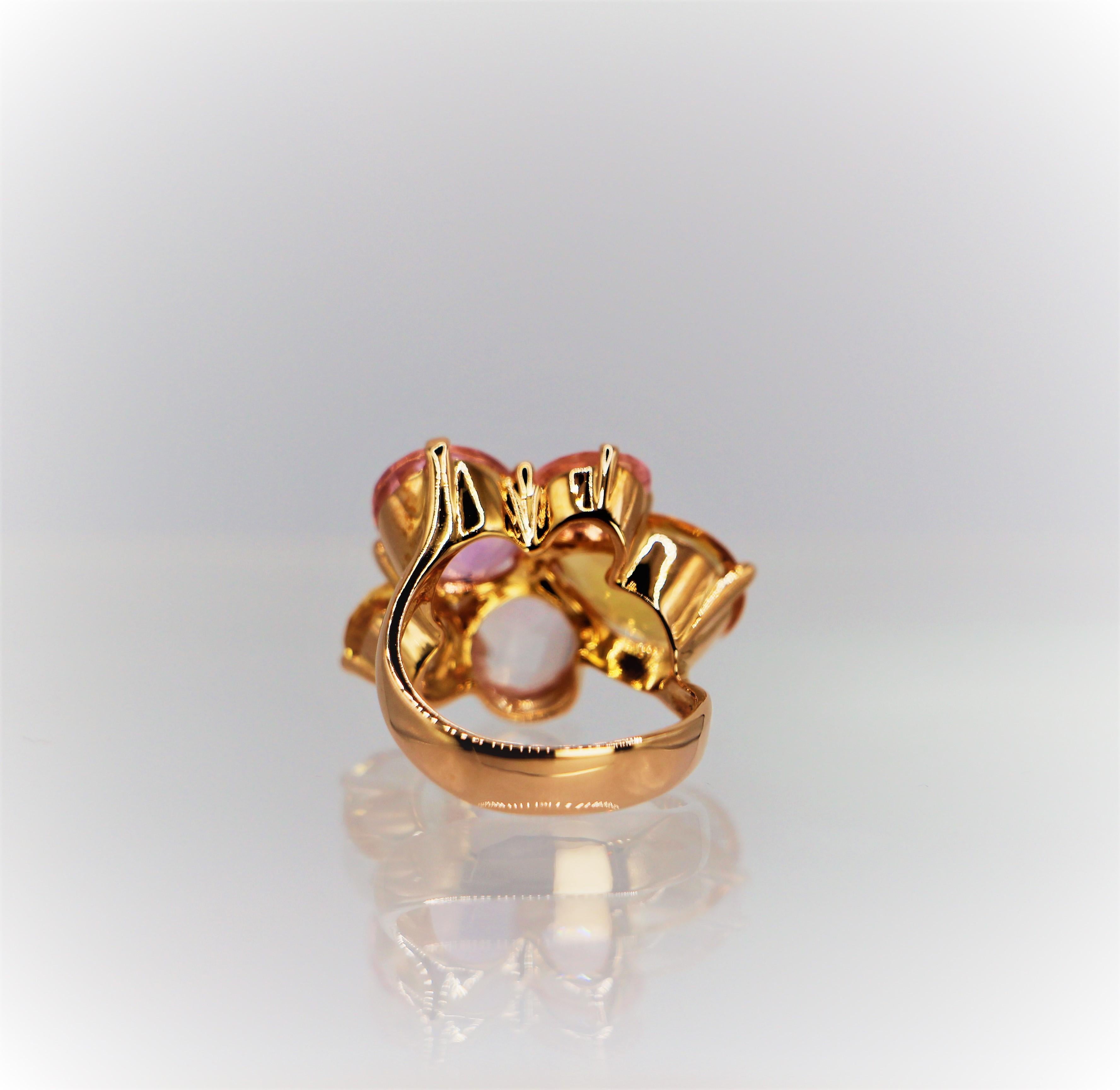 Asymmetrical Cluster Floral Ring Yellow Citrine and Rose Quartz 18 Kt Rose Gold In New Condition For Sale In Athens, GR
