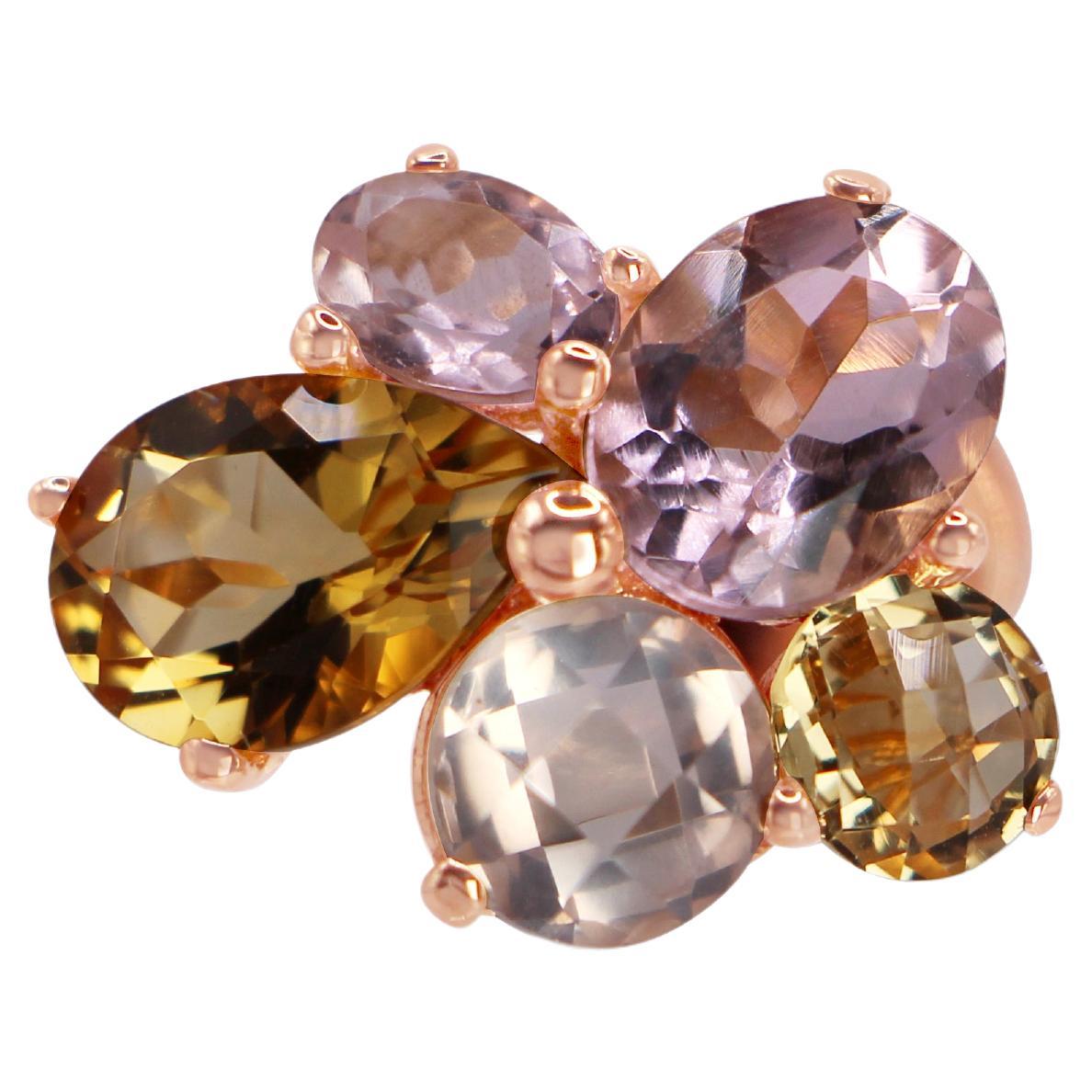 Asymmetrical Cluster Floral Ring Yellow Citrine and Rose Quartz 18 Kt Rose Gold For Sale