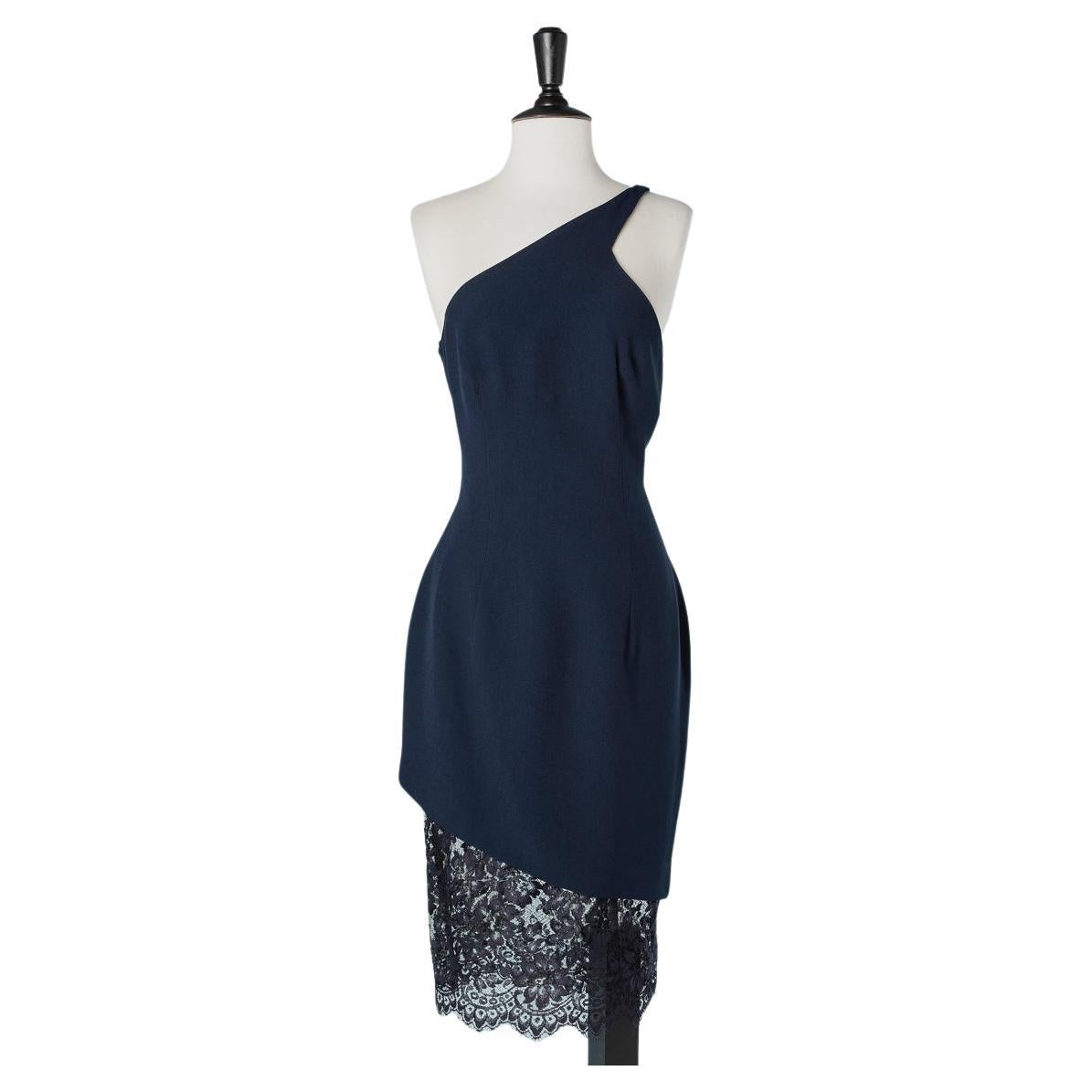 Asymmetrical cocktail dress in navy blue crêpe and lace Gai Mattiolo Couture  For Sale