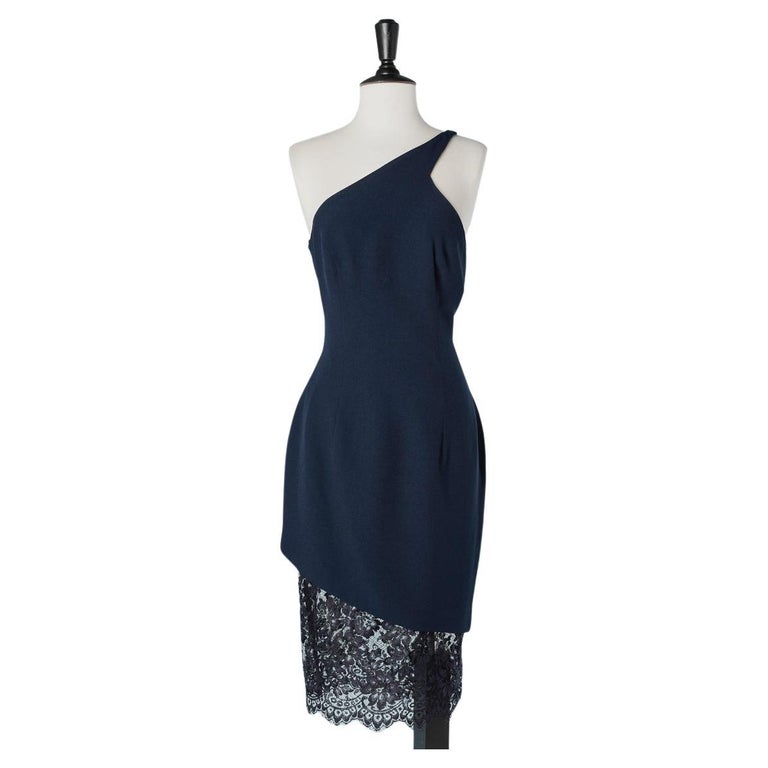 Asymmetrical cocktail dress in navy blue crêpe and lace Gai Mattiolo