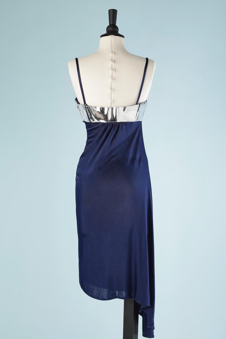Women's Asymmetrical cocktail dress in navy blue jersey and silver PVC bra Versace VJC For Sale