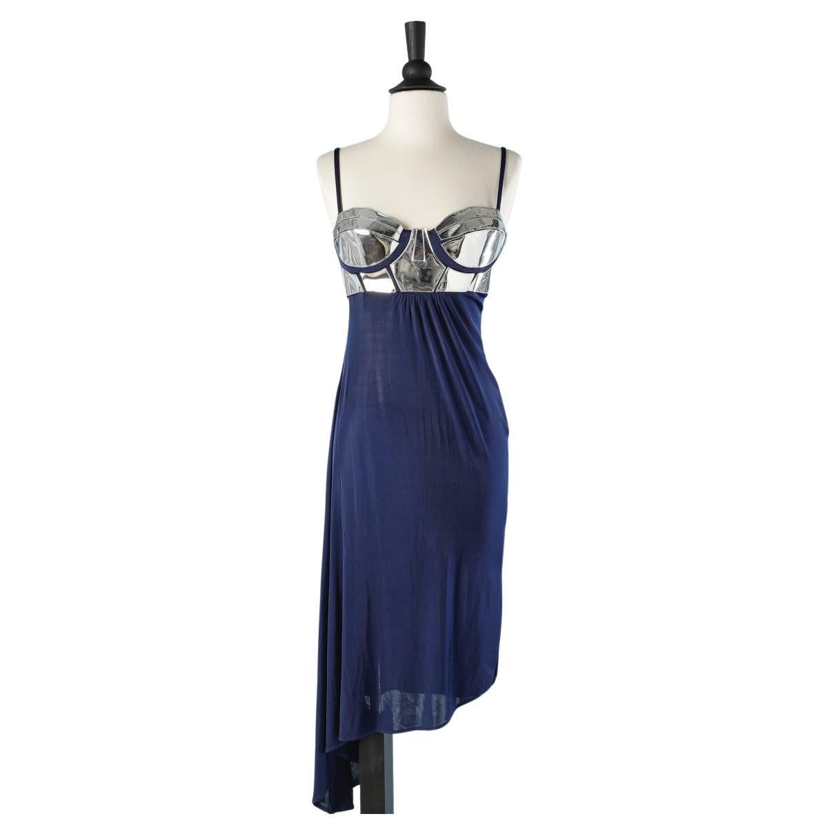 Asymmetrical cocktail dress in navy blue jersey and silver PVC bra Versace VJC For Sale