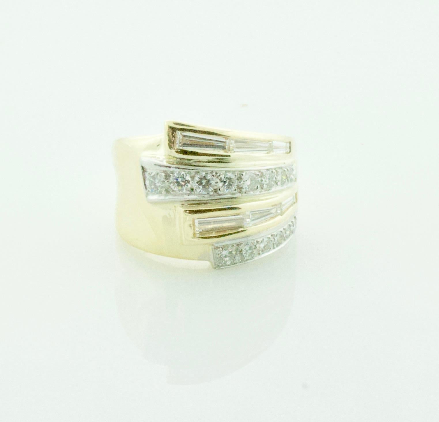 Baguette Cut Asymmetrical Diamond Yellow Gold Ring, Circa 1960's For Sale