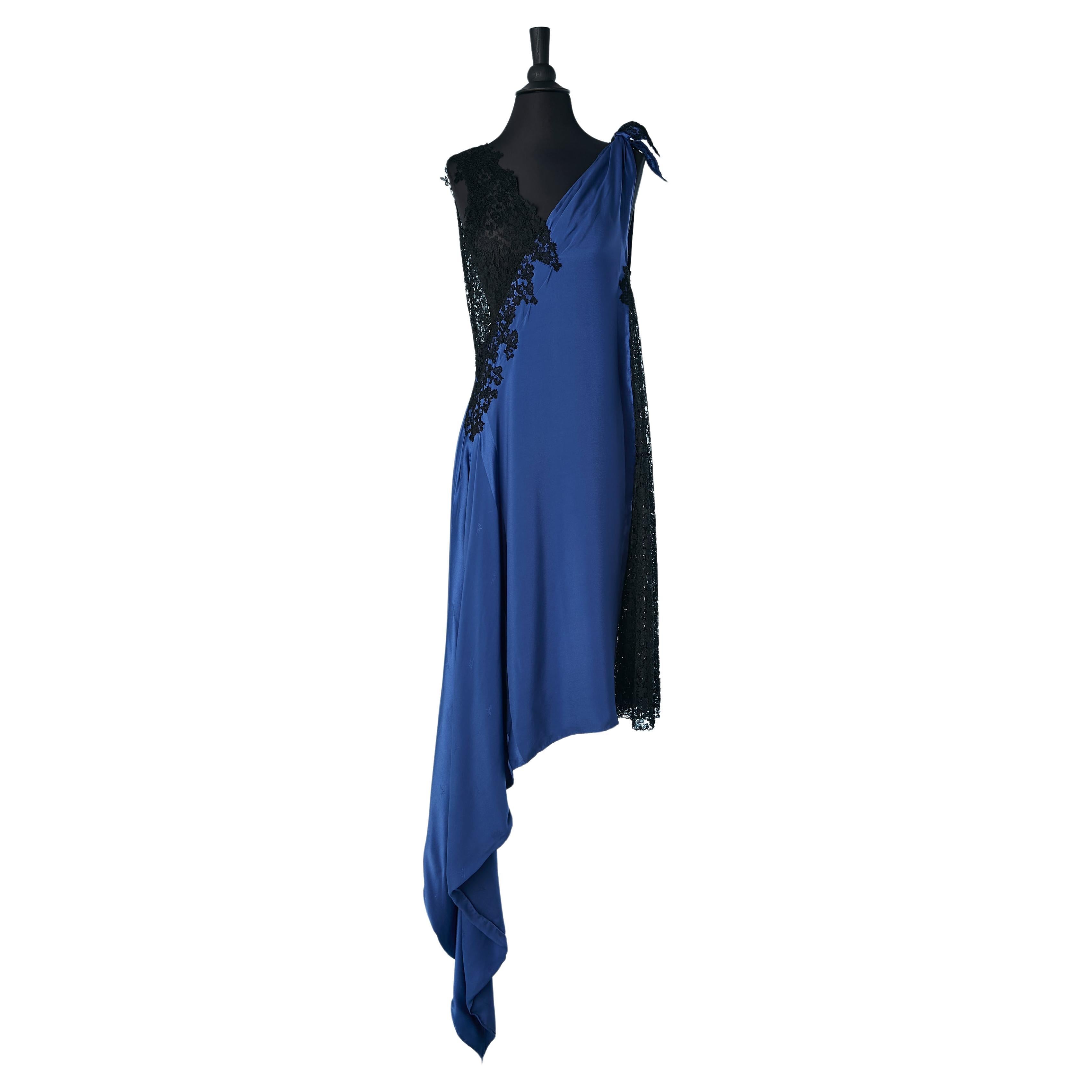 Asymmetrical evening dress in see-through black lace and blue silk jacquard  For Sale