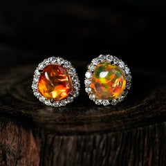 Asymmetrical Fire Opal Diamond Halo Stud Earrings 14K Yellow Gold