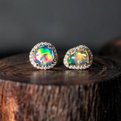 Asymmetrical Fire Opal Diamond Halo Stud Earrings 14K Yellow Gold