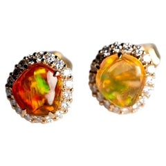 Asymmetrical Fire Opal Diamond Halo Stud Earrings 14K Yellow Gold