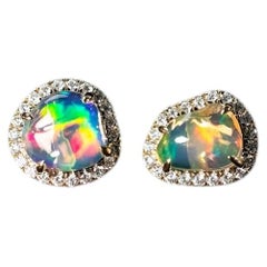 Asymmetrical Fire Opal Diamond Halo Stud Earrings 14K Yellow Gold