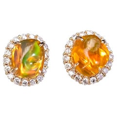 Asymmetrical Fire Opal Diamond Halo Stud Earrings 18K Yellow Gold