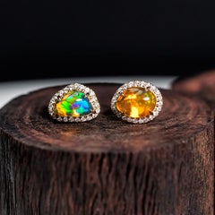 Asymmetrical Fire Opal Diamond Stud Earrings 14K Yellow Gold