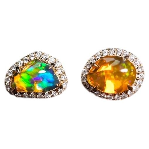 Asymmetrical Fire Opal Diamond Stud Earrings 14K Yellow Gold