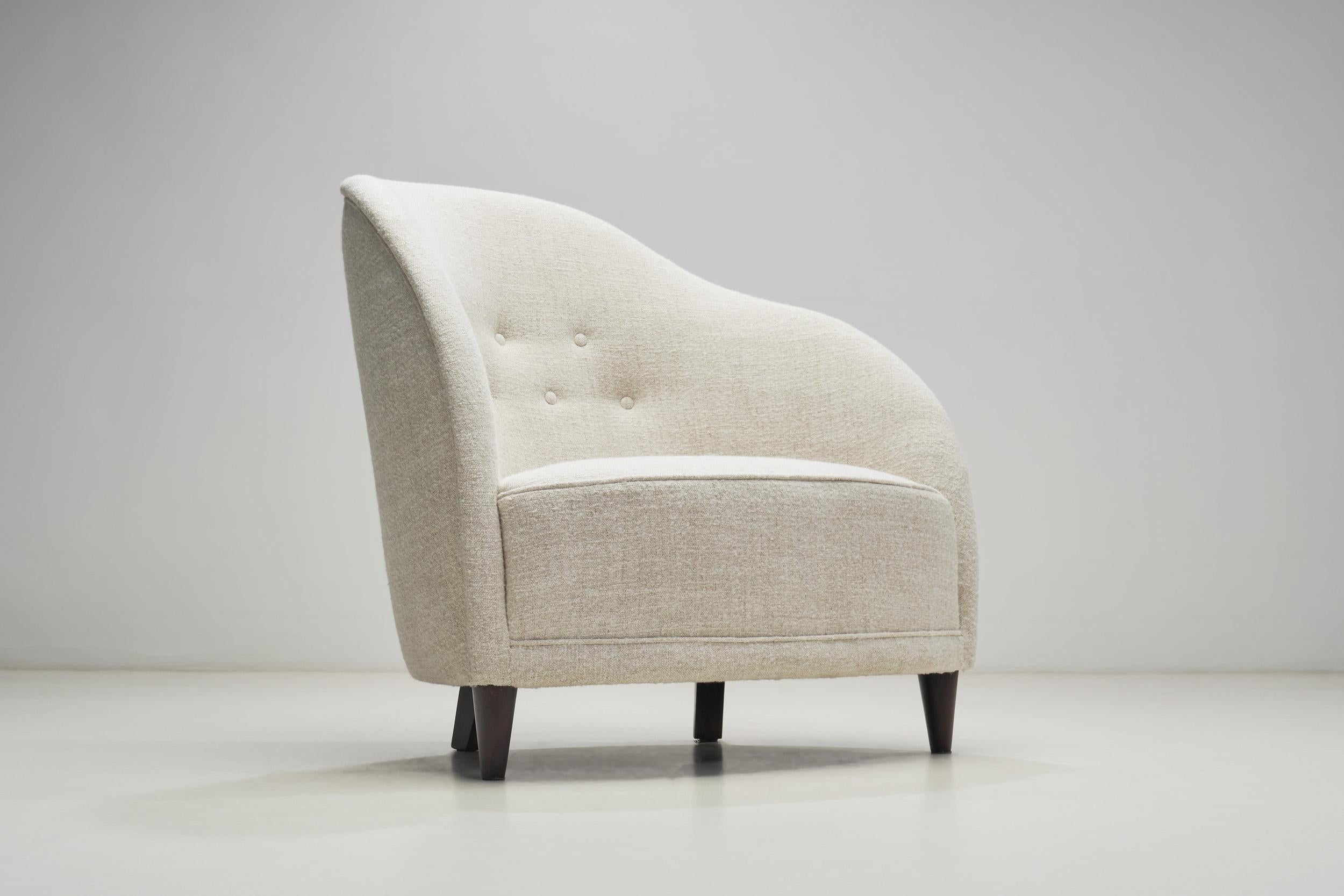 Fabric Asymmetrical Fluid Shape European Lounge Chair, Europe 1950s For Sale