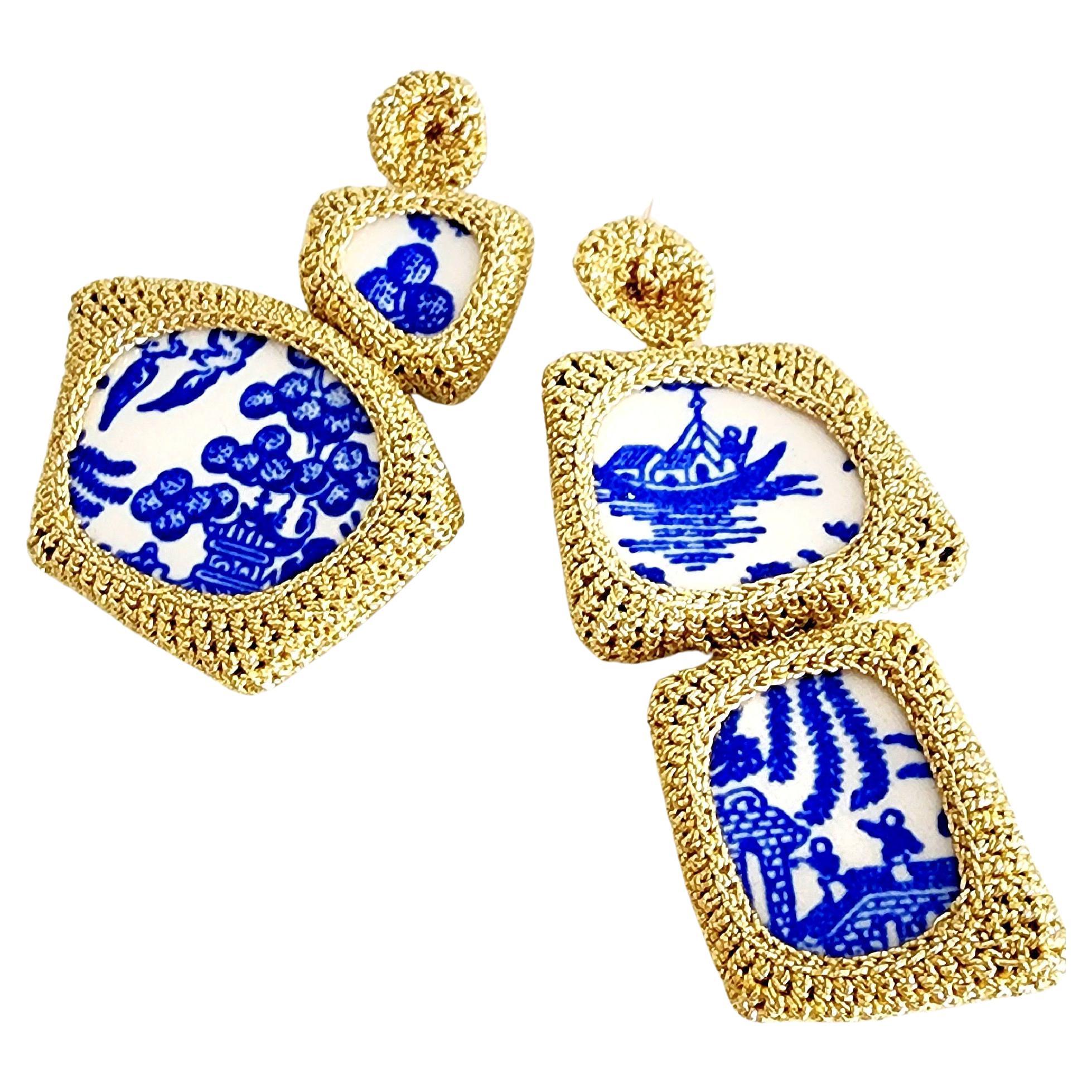 Asymmetrical Golden Thread Crochet Earrings Blue White Ceramics For Sale