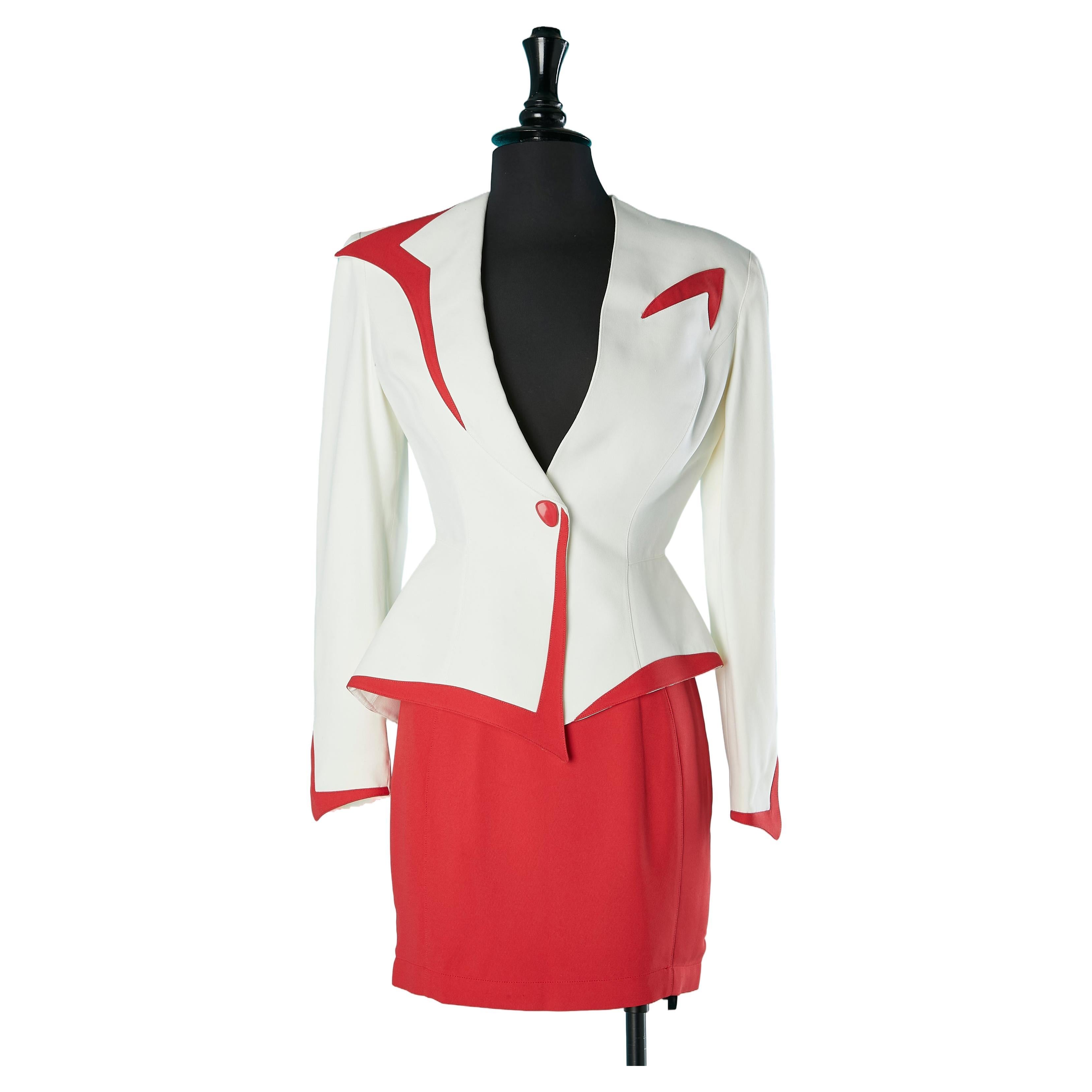 Asymmetrical ivory skirt-suit with red details and red skirt Thierry Mugler  For Sale