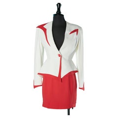 Asymmetrical ivory skirt-suit with red details and red skirt Thierry Mugler 