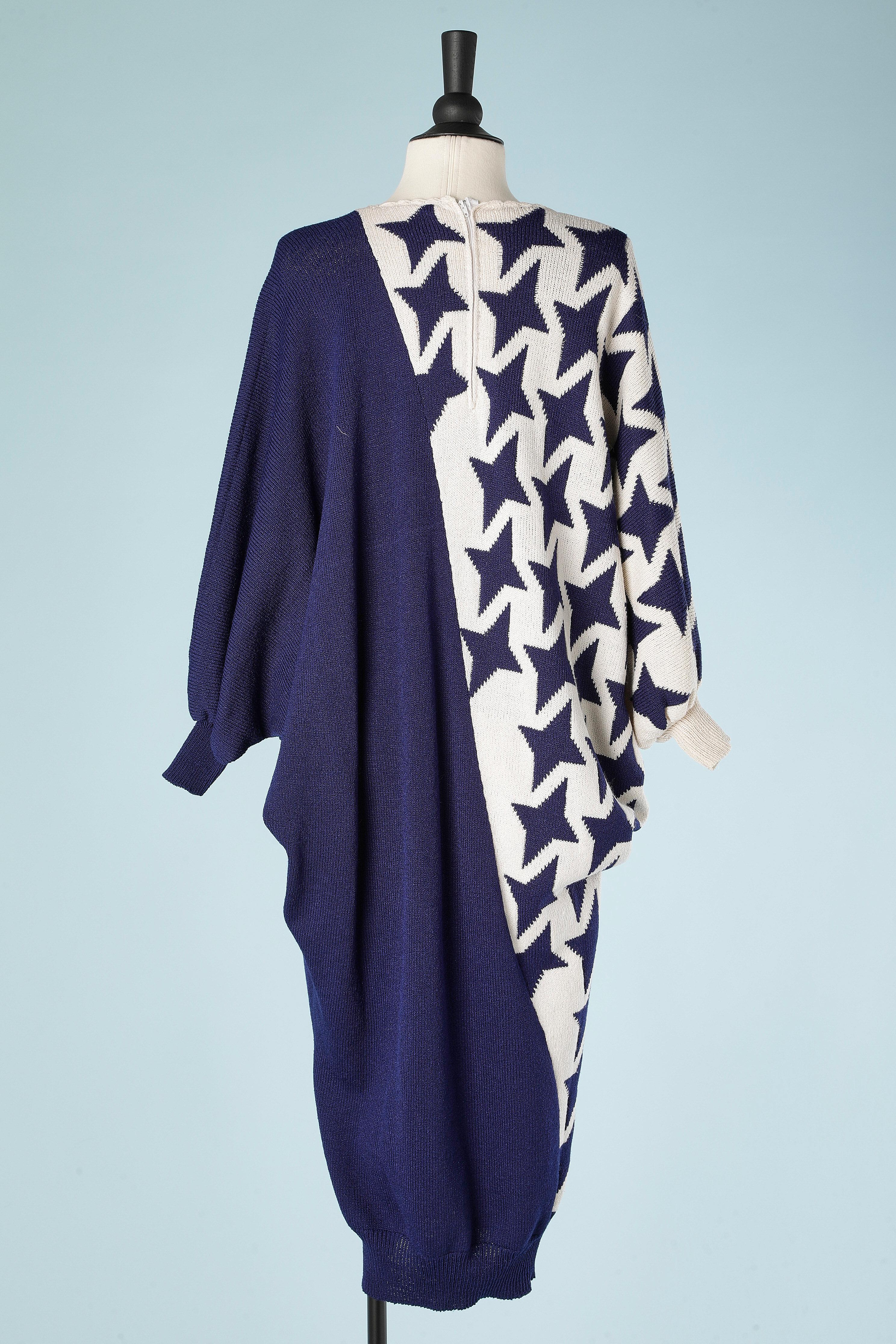 Women's Asymmetrical Knit dress with blue stars jacquard Circa 1980's  For Sale