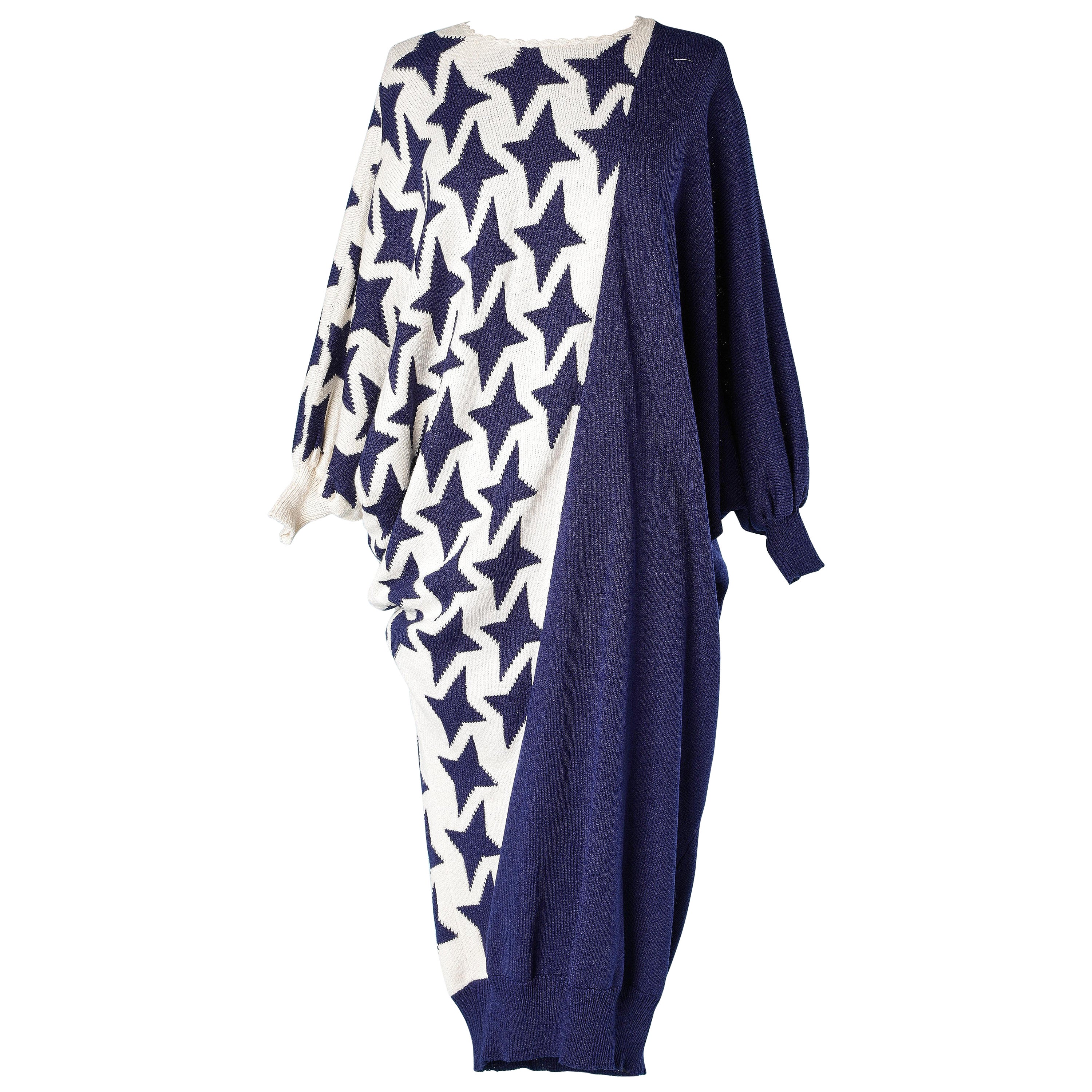 Abito asimmetrico in maglia con stelle blu jacquard Circa anni '80 in vendita
