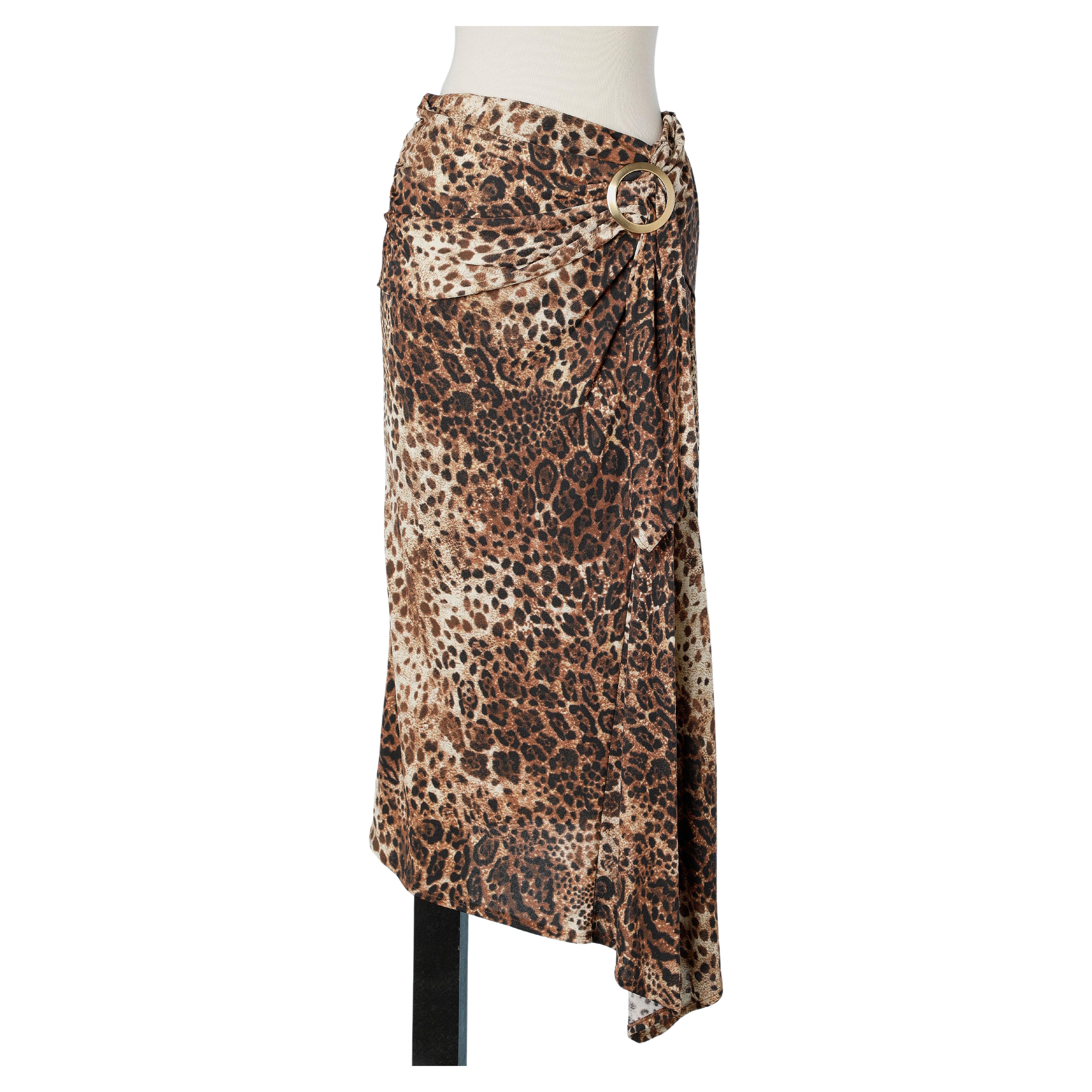 Asymmetrical leopard printed jersey skirt with buckle Luisa Spagnoli  For Sale