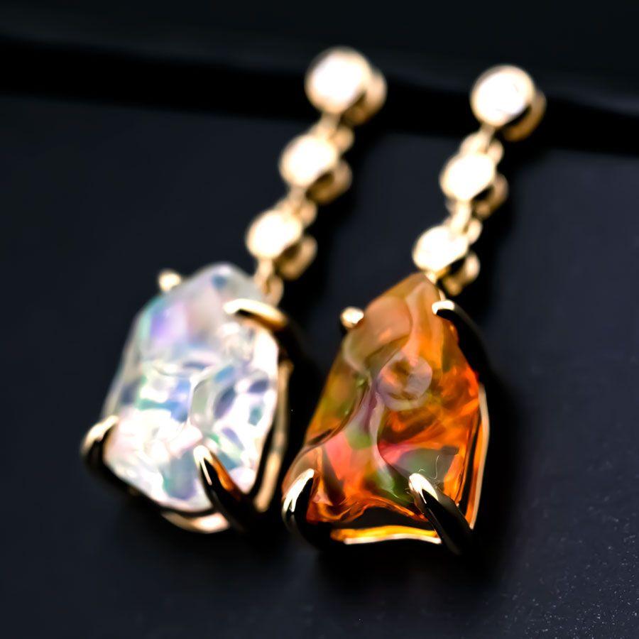 Brilliant Cut Asymmetrical Mexican Fire Opal Diamond Drop Earrings 18K Yellow Gold For Sale