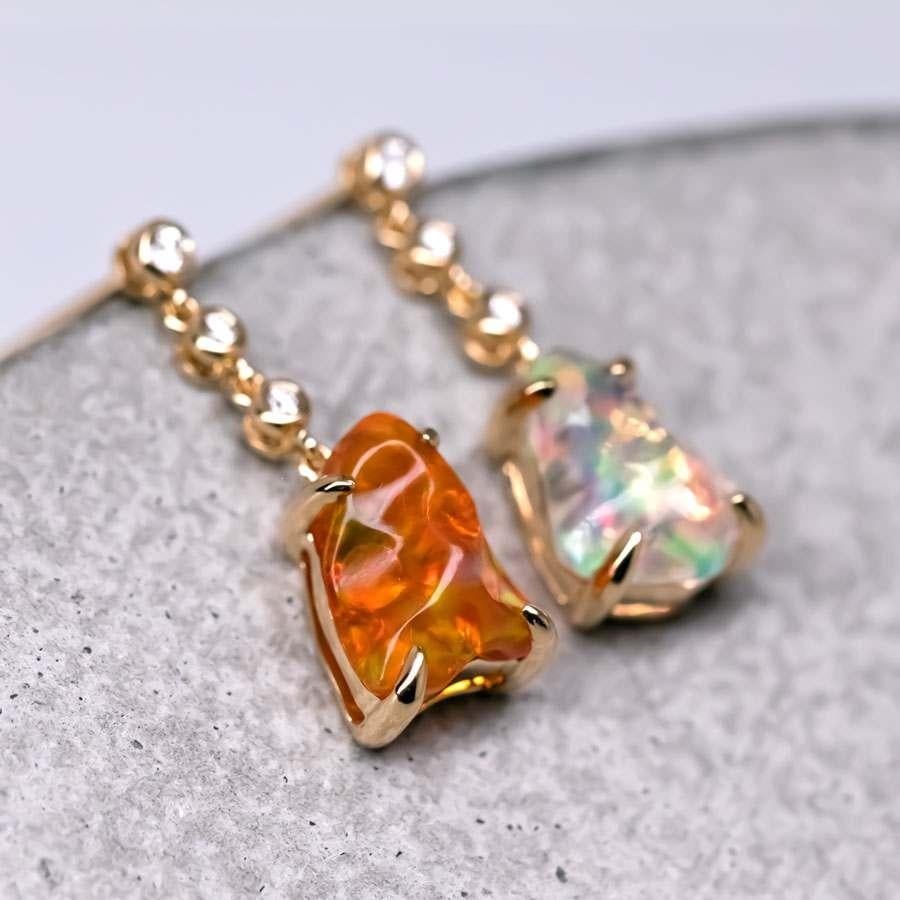 Asymmetrical Mexican Fire Opal Diamond Drop Earrings 18K Yellow Gold In New Condition In Suwanee, GA