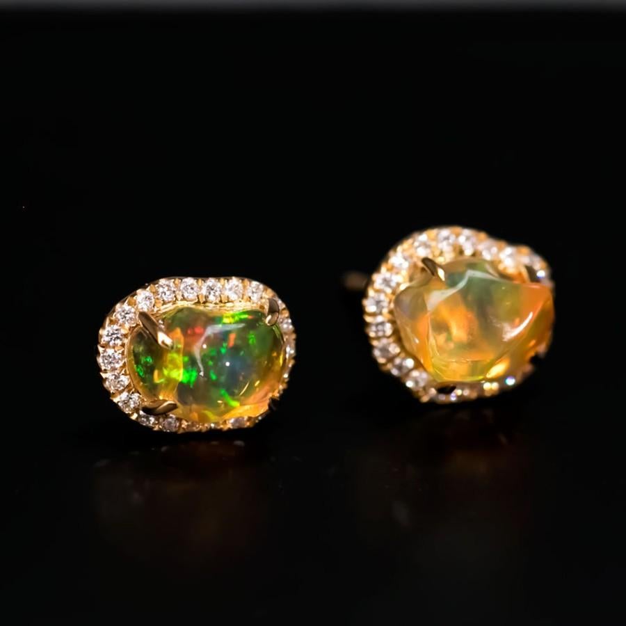 Artist Asymmetrical Mexican Fire Opal Diamond Halo Stud Earrings 18K Yellow Gold For Sale