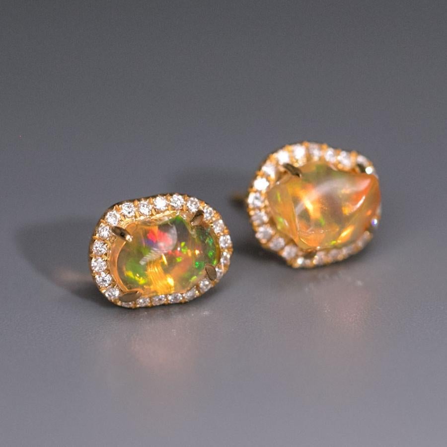 Brilliant Cut Asymmetrical Mexican Fire Opal Diamond Halo Stud Earrings 18K Yellow Gold For Sale