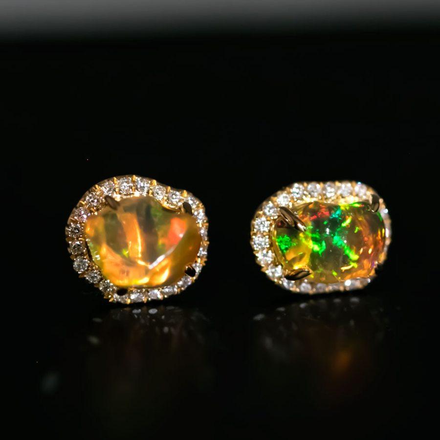 Women's or Men's Asymmetrical Mexican Fire Opal Diamond Halo Stud Earrings 18K Yellow Gold For Sale